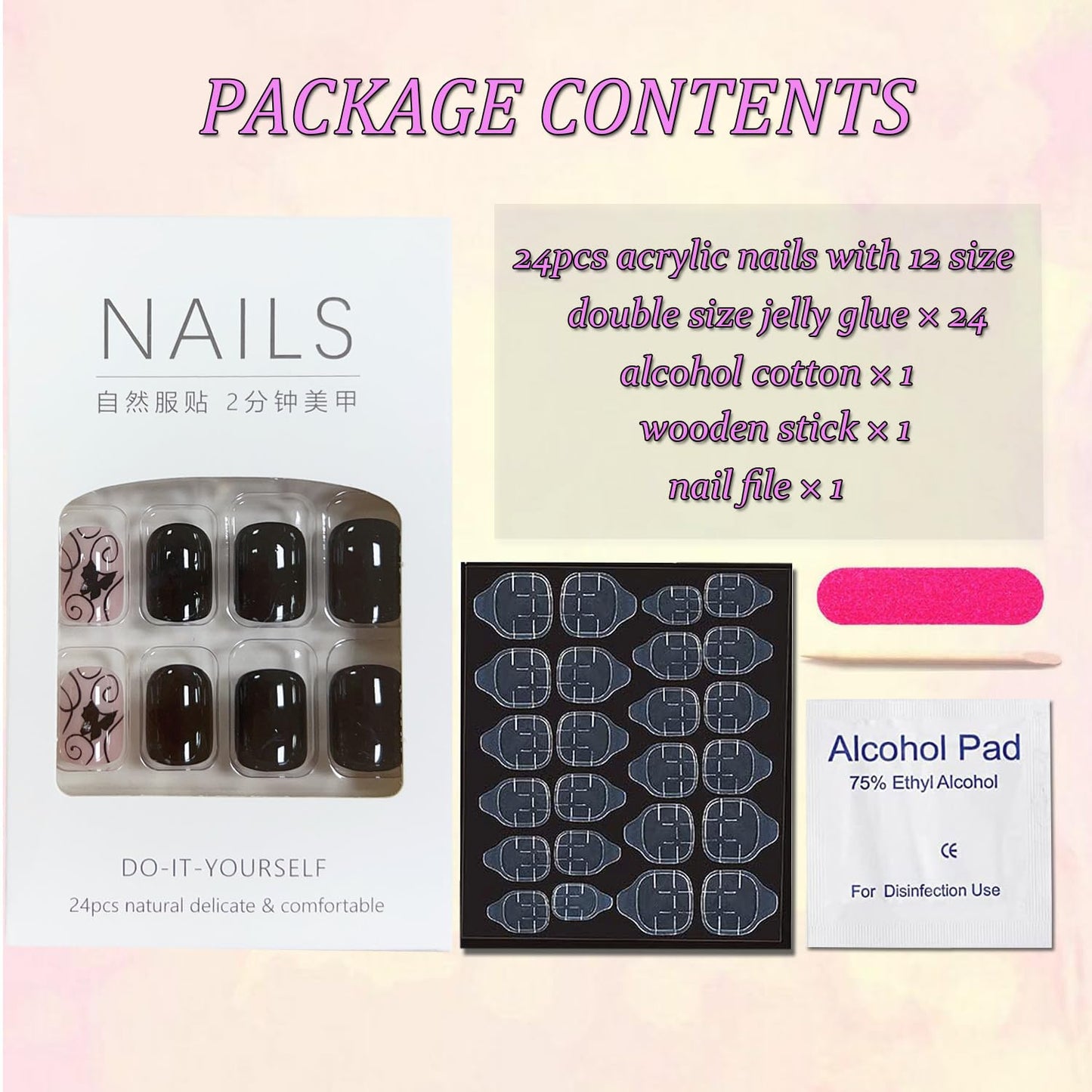 Extra Short Press on Nails Square Black Fake Nails Glossy Acrylic Glue on Nails Butterfly Rhinestone Designs Gel Nails Press ons Cute Stick on Nails for Women Manicure Tips Decorations 24Pcs