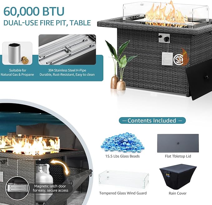 NICESOUL Extra-Large 9 Pcs Outdoor Patio Furniture Set with Fire Pit Table Natural Gas/Propane, 29.3'' High Back Deep Wide Modular Sofa Conversations with Fireplaces, 2 Color Cushion Teal Blue & Grey