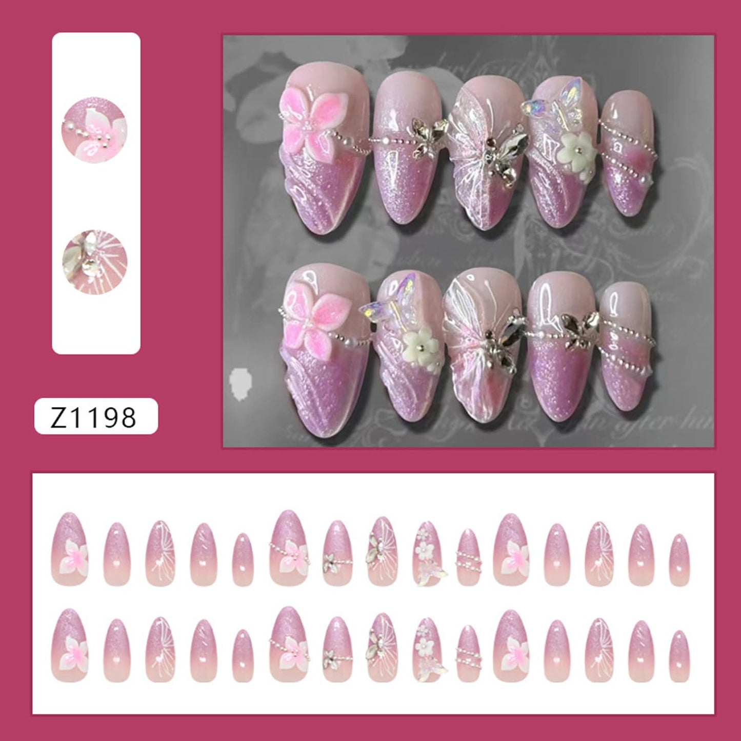 30Pcs Purple Ombre Press on Nails Medium Almond Fake Nails Press ons 3D Butterfly Rhinestone Design Shimmer Magnetic False Nails Purple Glitter Full Cover Cute Butterfly Flower Acrylic Nails for Women
