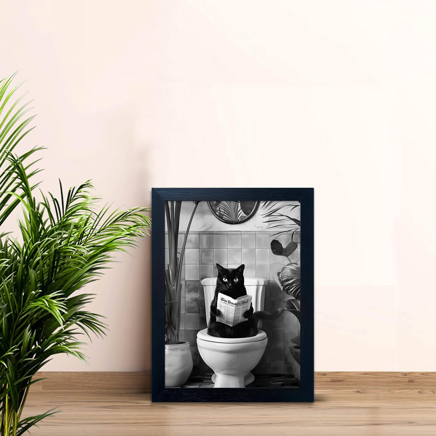 Black and White Bathroom Wall Decor Funny Black Cat Sitting on Toilet Reading Newspaper Humorous Bathroom Wall Art Small Framed Animal Canvas Print Artwork