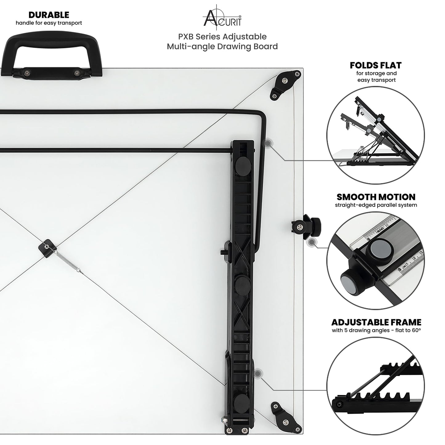 Acurit Multi-Angled 23”x31” PXB Drawing Board for Artists and Designers - Portable Tabletop Workspace, Drawing, Sketching, Drafting, Painting - Portable Laminated Surface w/Ruler & Parallel Motion Bar