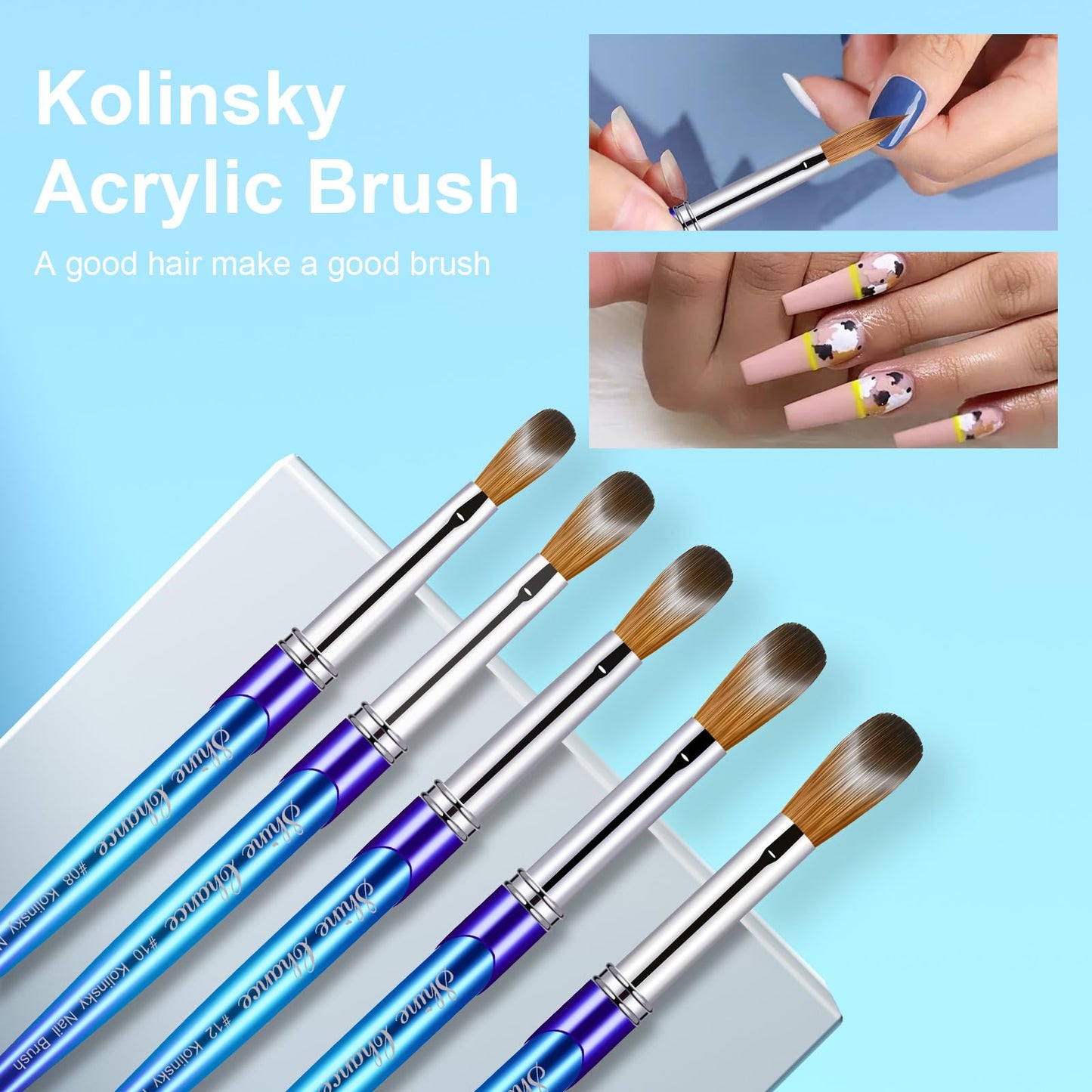 Shine Chance Acrylic Nail Brush - Size 12, 100% Pure Kolinsky Sable 3D Art Nail Brush & Application Tool - Gradient Blue Handle