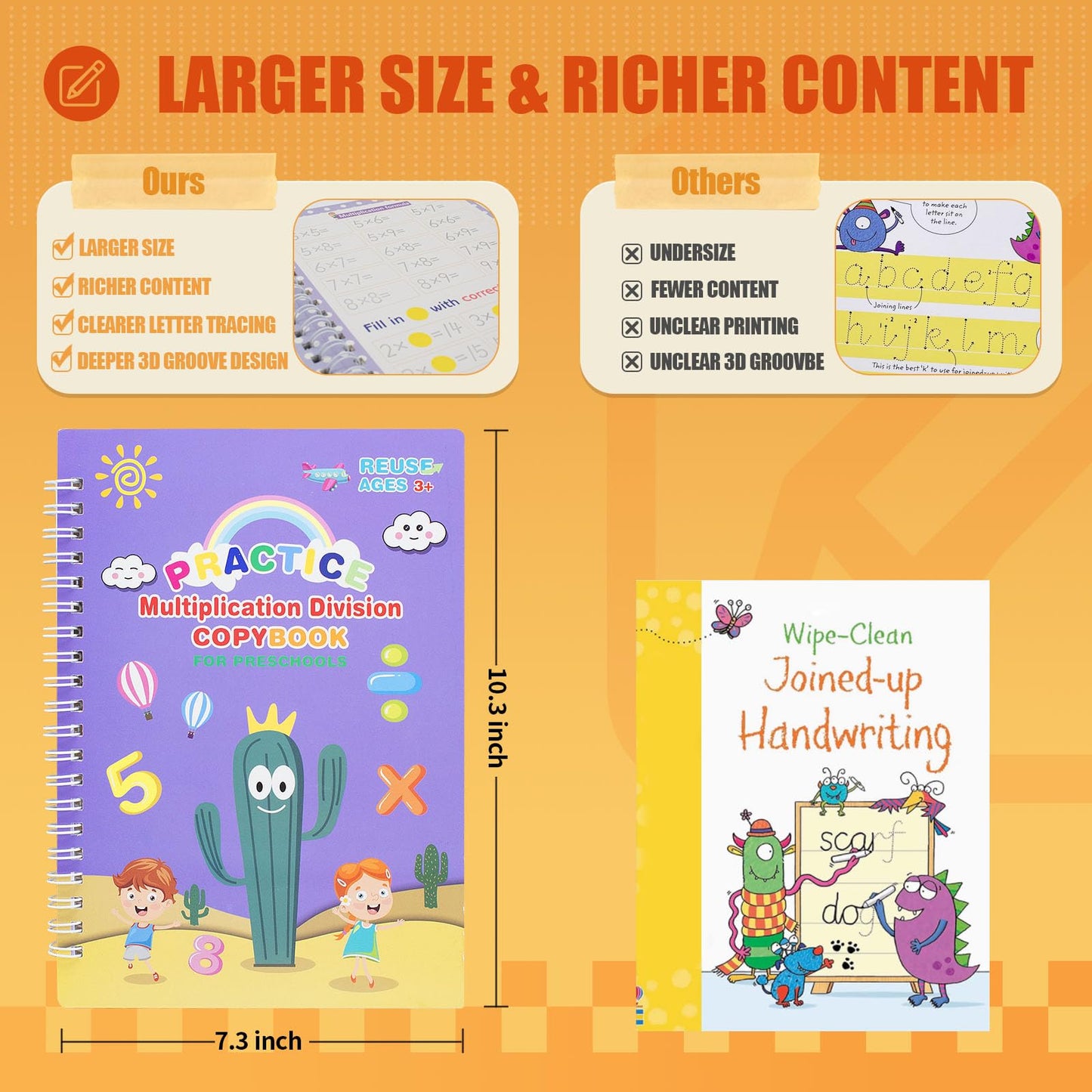 BYFWH Upgraded Large Size Magic Practice Copybook for Kids, Reusable Grooved Handwriting Practice Book for Preschool Kids Age 3-8 Calligraphy with Catus Pens & Storage Bag (5PCS 7.3 * 10.3 inch)