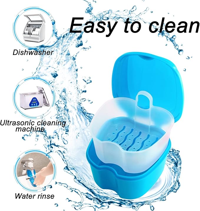 Keedolla Denture Cup Orthodontic Retainer Case, Denture Bath Box Dental Mouthguard Case Cleaning with Brush, Strainer Basket and Lid Waterproof - Blue