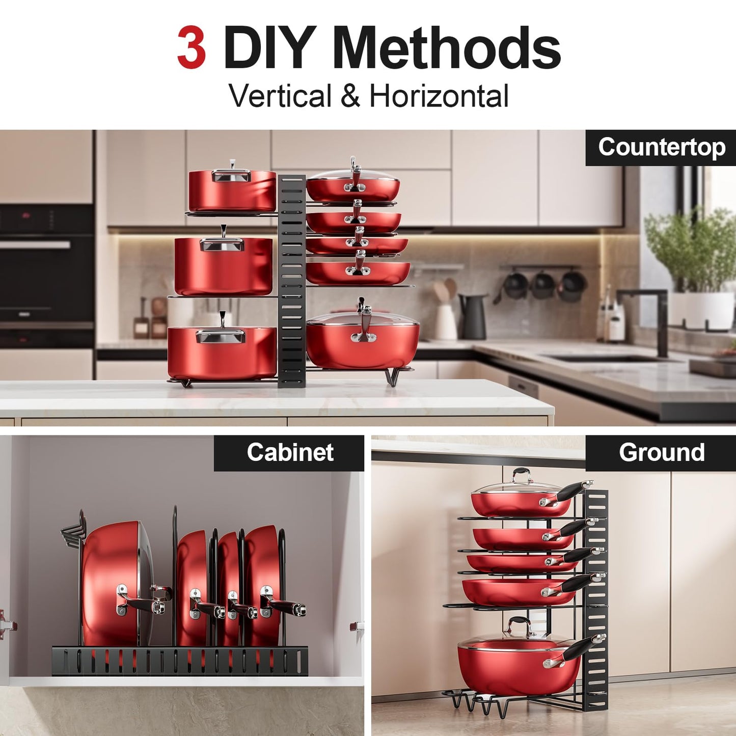 MUDEELA 8-Tier Pots and Pans Organizer under Cabinet, 16.61" Height Light Duty Pot and Pan Organizer Kitchen Cabinet Organization and Storage, Adjustable Pot Rack with 3 DIY Methods for Lids, Bakeware