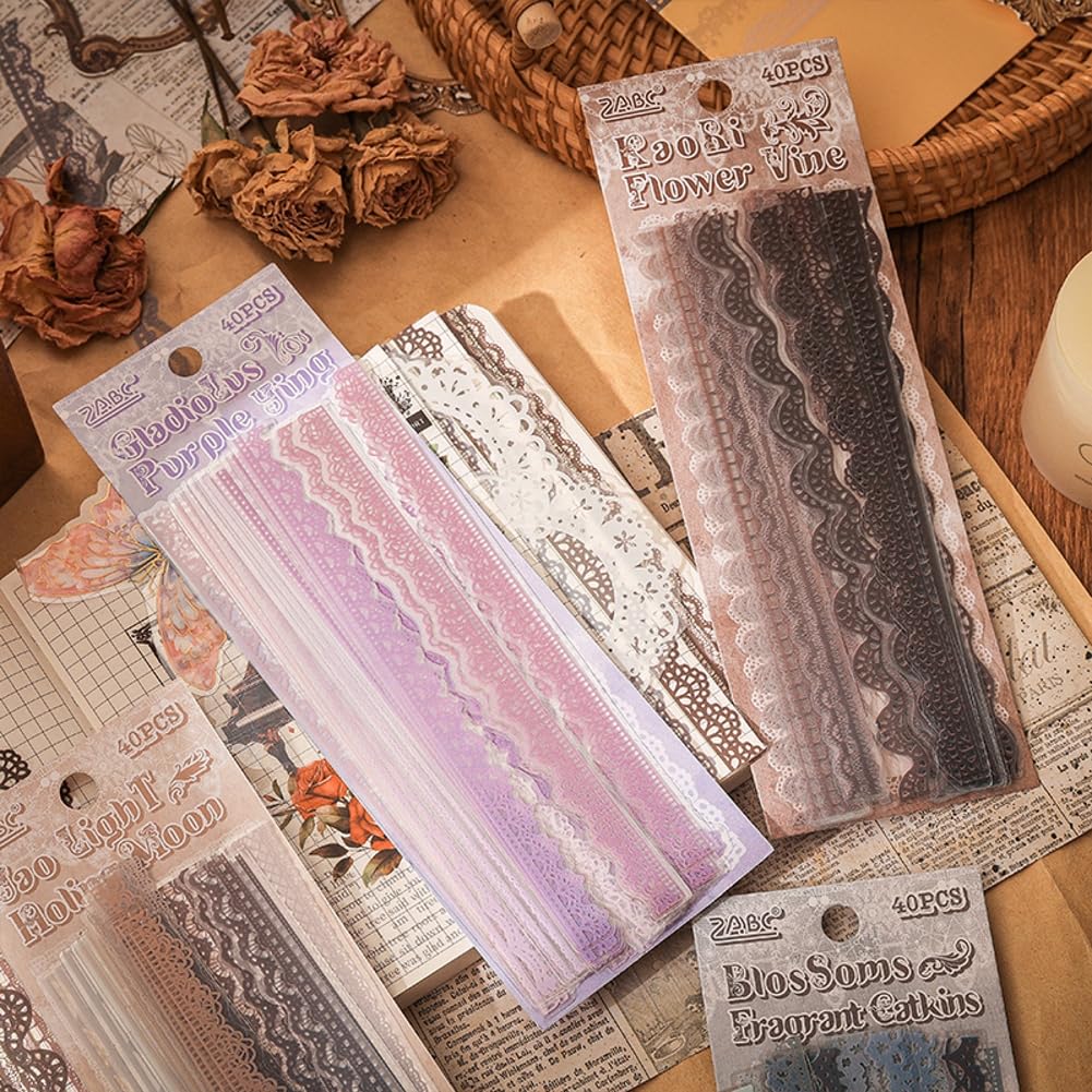 Obujopal 240 Pcs Transparent Lace Stickers for Scrapbooking Junk Journal Card Making Collage Diary Planner Notebook Letter Photo Album Craft Project Decoration, 30 Patterns