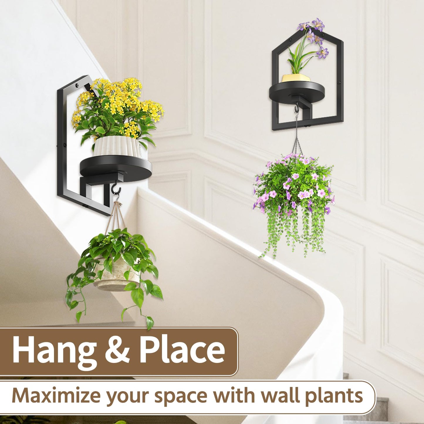 LASZOLA 2 Pcs Black Wall Mount Plant Shelves with Hangers for Indoor Flower, Heavy Duty Metal Window Floating Planter Holders Stand, Iron Modern Picture Frame Decorative for Bathroom Kitchen with Hook
