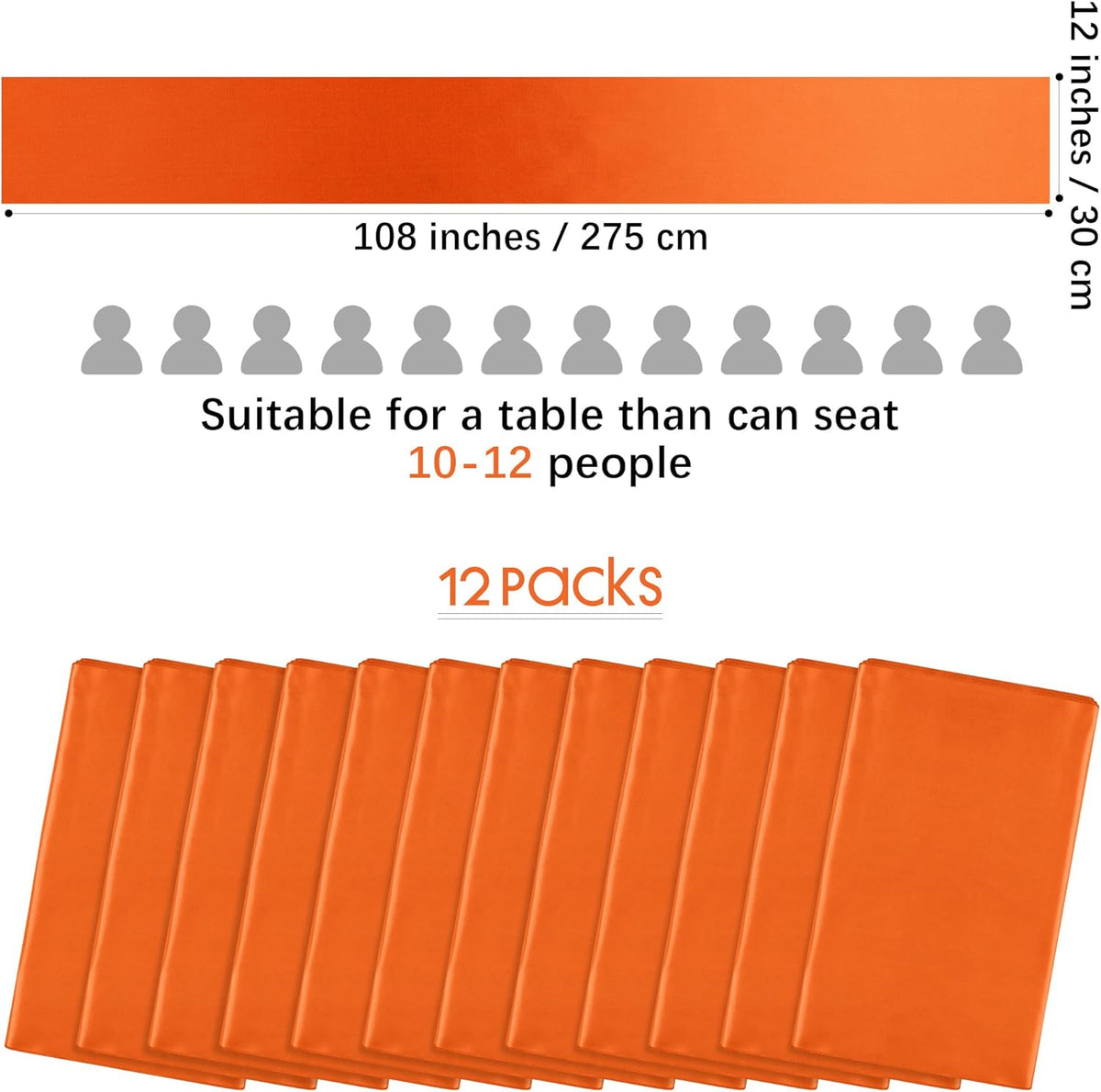 Aneco 12 Pack Satin Table Runner 12 x 108 Inch Orange Long Wedding Satin Silk Table Runner for Wedding Banquet Graduations Birthday Party Decoration
