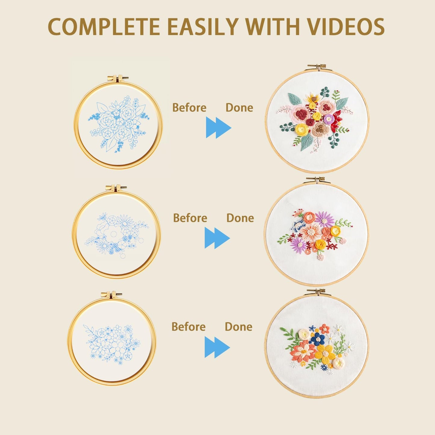 Gmakto Embroidery Kits for Beginners,3 Sets Beginner Embroidery Kit for Adults,Including 3Pcs Embroidery Cloths with Floral Pattern, 1 Pcs Plastic Embroidery Hoops, 3Pcs User Manual(Flower)