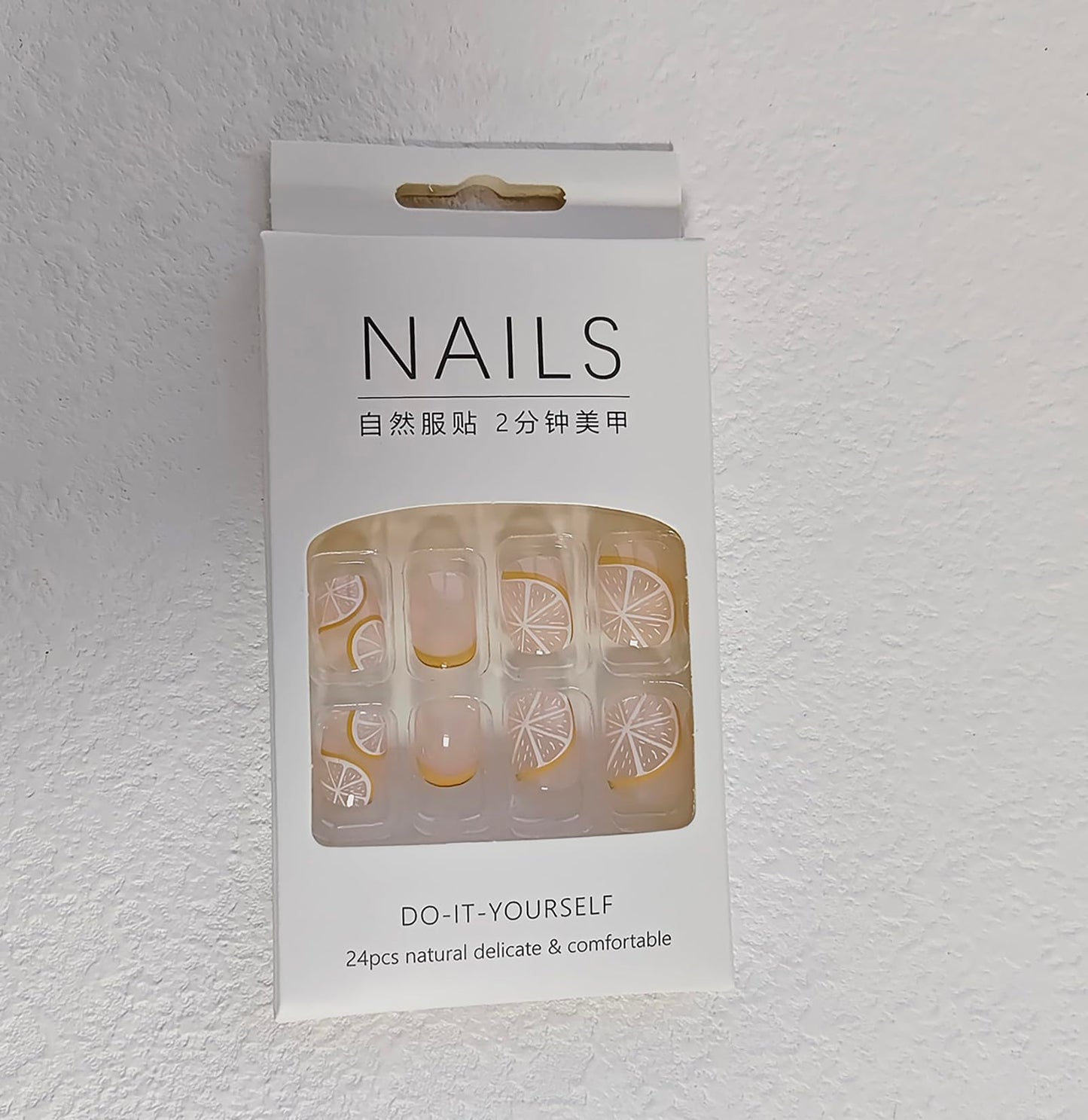 Rilafuvu French Press Nails - 24Pcs Yellow Nude Acrylic Fruits Lemon Designs with Glossy Stick-on Short Artificial Nails