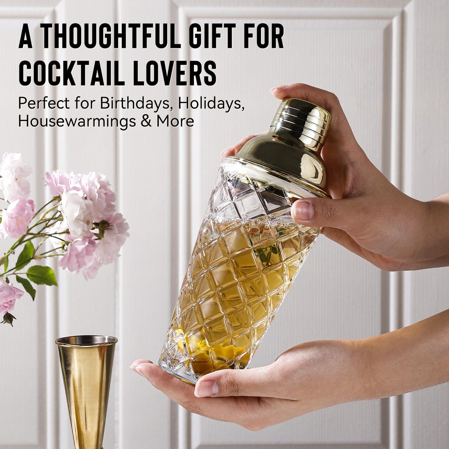 Cocktail Shaker Set with Coupe Glasses – 5-Piece Gift Set Includes Pineapple Glass Shaker with Gold Lid, Jigger, Bar Spoon & 2 Ribbed Gold-Rimmed Glasses – Bartender Kit for Home Bar
