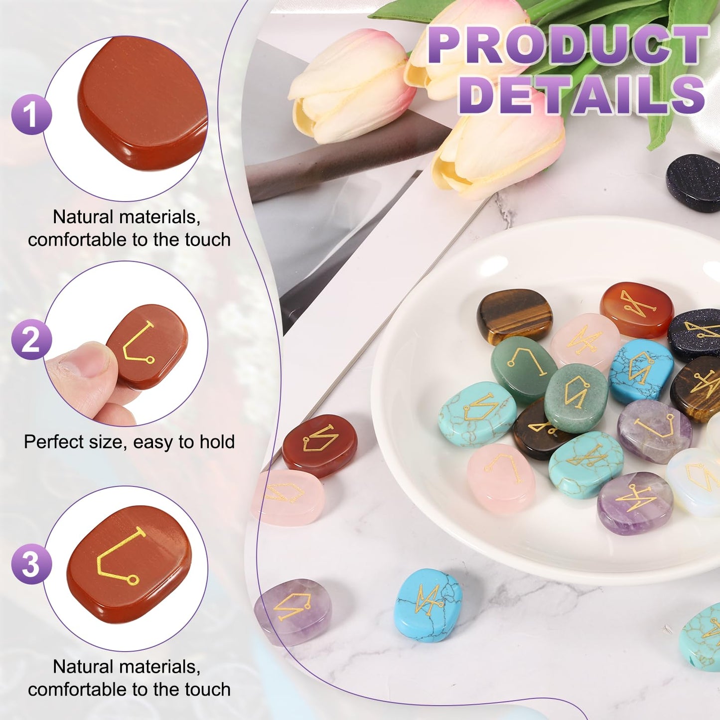 MECCANIXITY 4Pcs Engraved Chakra Stones with Reiki Symbols, Red Jasper Reiki Healing Crystal Gemstone 7 Chakra Crystal Stones Tumbled Palm Stone for Anxiety Relieve
