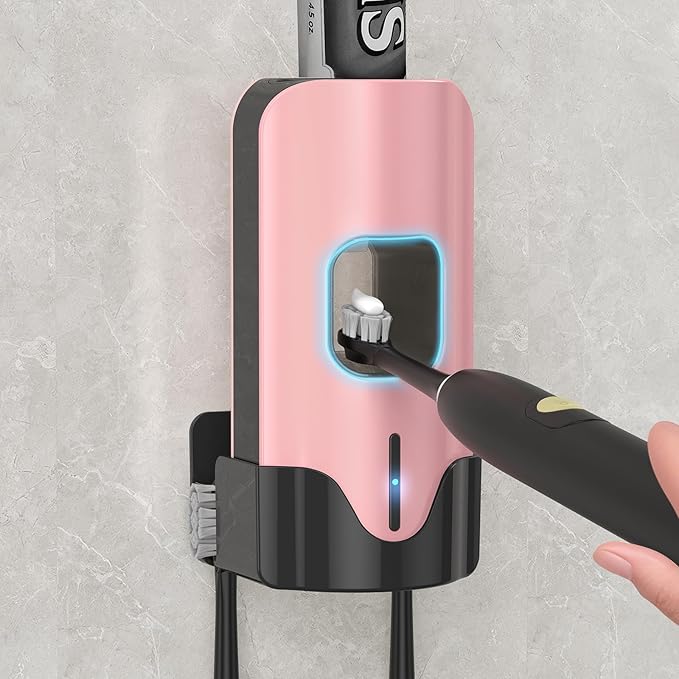 Automatic Toothpaste Dispenser Wall Mounted - Hands-Free Toothpaste Squeezer with 3 Speed Settings, 2 Toothbrush Holders & Strong Adhesive - Smart Bathroom Organizer for Kids and Adults
