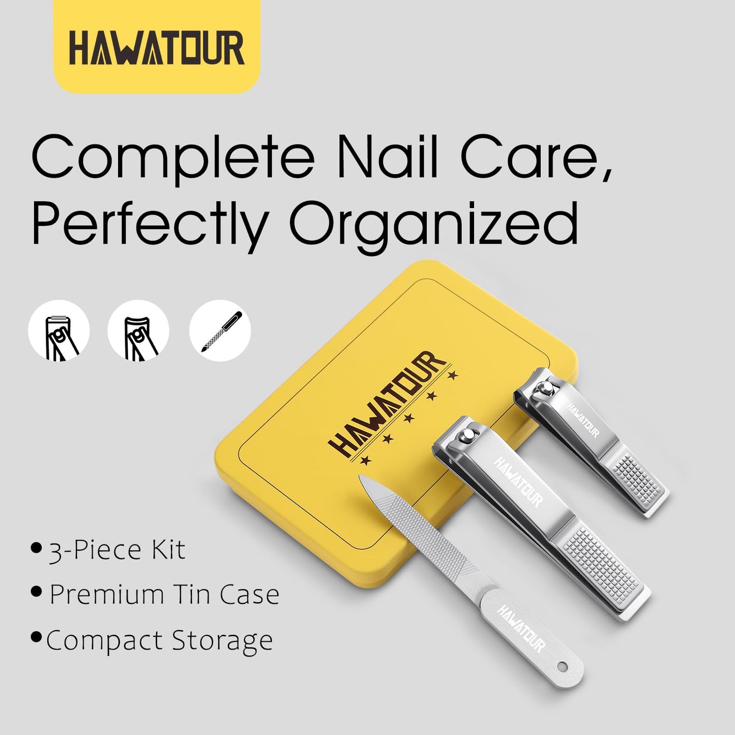 HAWATOUR Nail Clippers 3-Piece Kit, Ultra Sharp Fingernail Toenail Cutters with Separate Nail File, Compact Tin Case, Silver