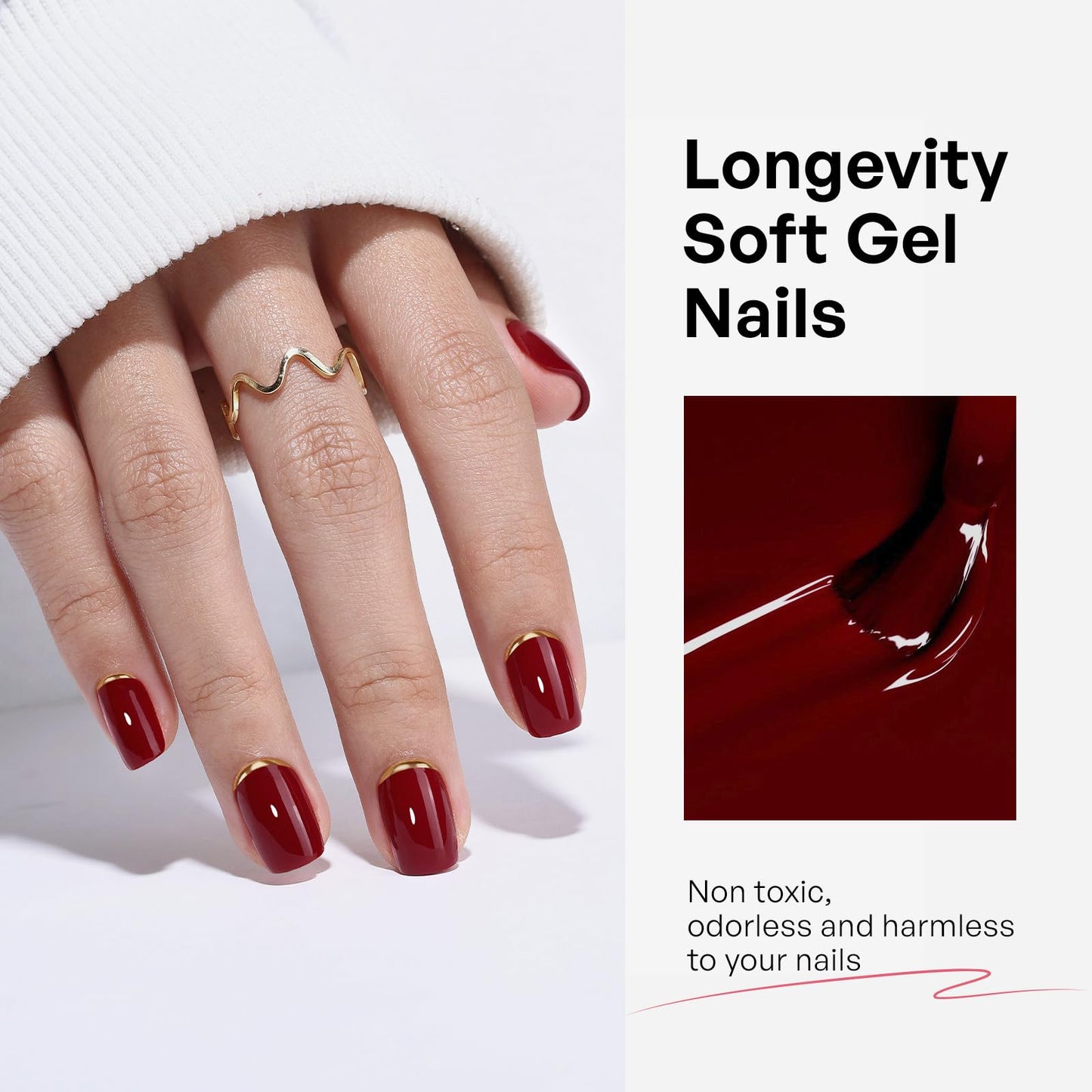 Red Press On Nails with Designs - GJZEZ Soft Gel Glossy Square Nails Press ons with Gold Cuffs French Tip, Salon Quality Fake Nails for Women, 16 Sizes - 32 pcs Long Lasting Reusable Nails, Gold End