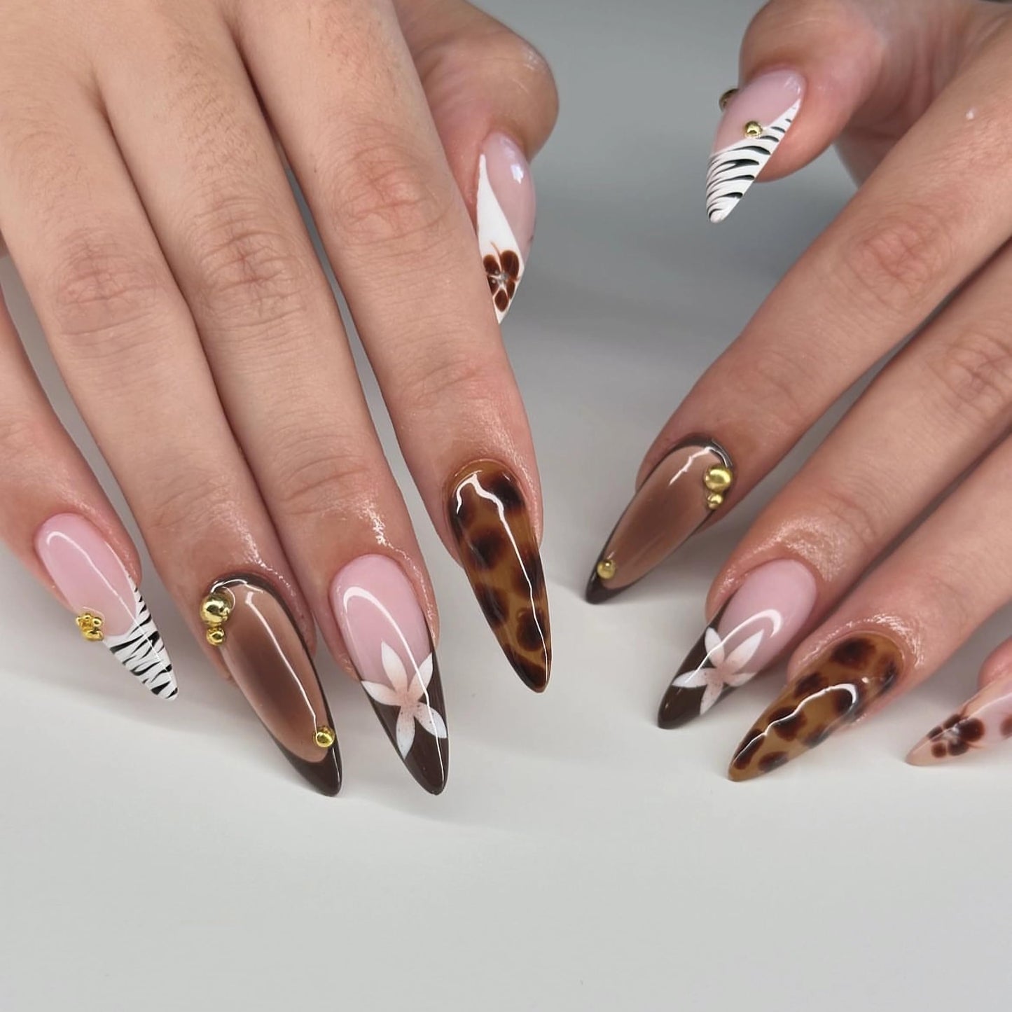 MERVF Almond Press on Nails Long Fall Fake Nails Brown French Tip Glue ons Flower Stiletto Acrylic False Nail Aura with Zebra Print Design Glossy 24pcs
