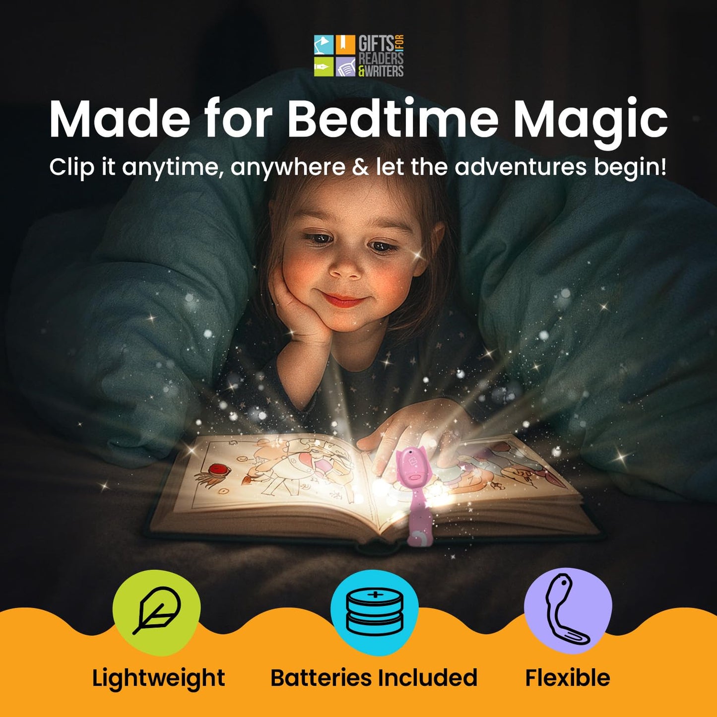 Gifts for Readers & Writers Book Light for Kids, Clip On Reading Light for Bed, 2in1 Flexilight Pals & Bookmark, Small & Lightweight with a Soft Glow, 2 Batteries Included, Cat