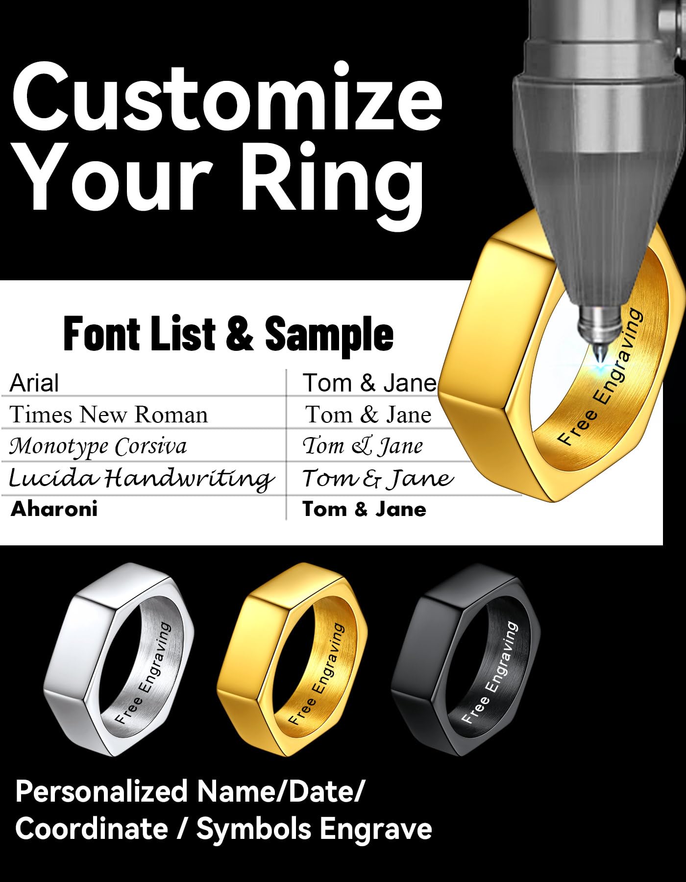 ChainsHouse Personalize Simple Band Rings 18K Gold Plated Geometric Hexagon Biker Ring for Men Women, Size 12