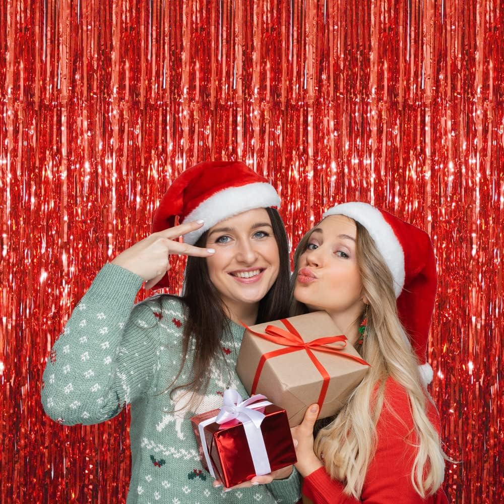 GOER 3.2 ft x 8.2 ft Metallic Tinsel Foil Fringe Curtains Party Photo Backdrop Party Streamers for Birthday,Graduation,New Year Eve Decorations Wedding Decor (3 Pcs, Red)