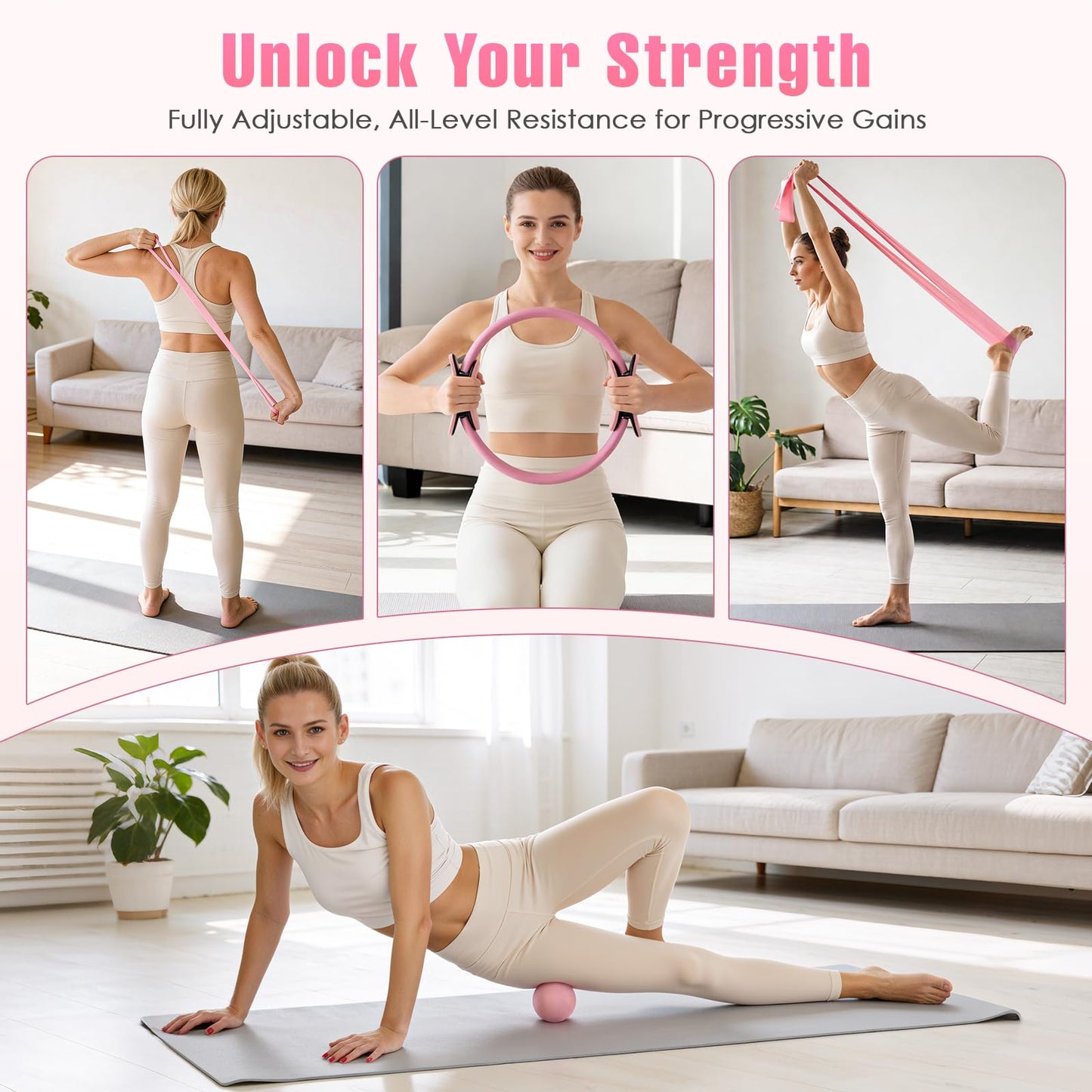 Pilates Kit, Pilates Equipment for Home Workouts, Home Pilates Essentials Kit for Women with Pilates Ring and Ball Set, Socks, ankle resistance bands with cuffs, Resistance Band and Massage ball