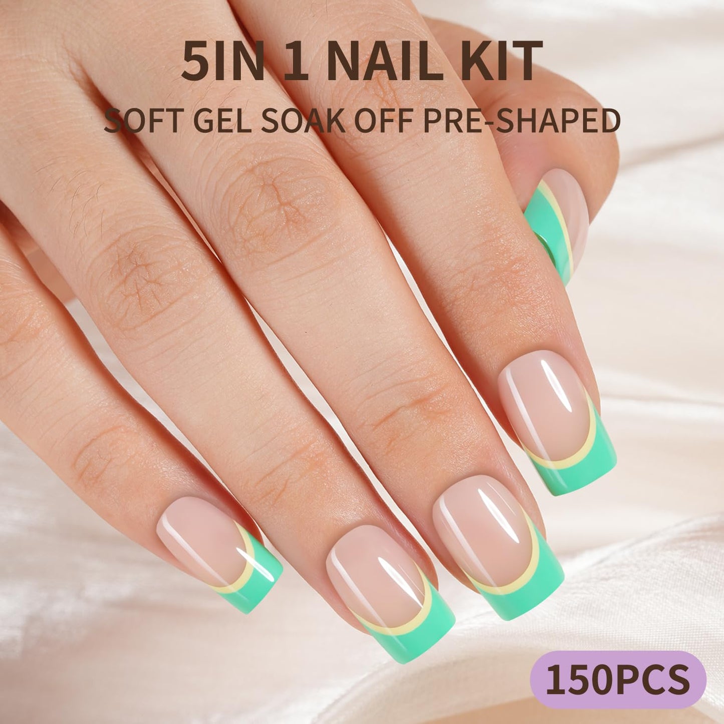 Plauva 150Pcs French Tip Press On Nails, Short Square Press On Nails, Soft Gel Stick On Nails Reusable Fake Nails for Women 15 Sizes
