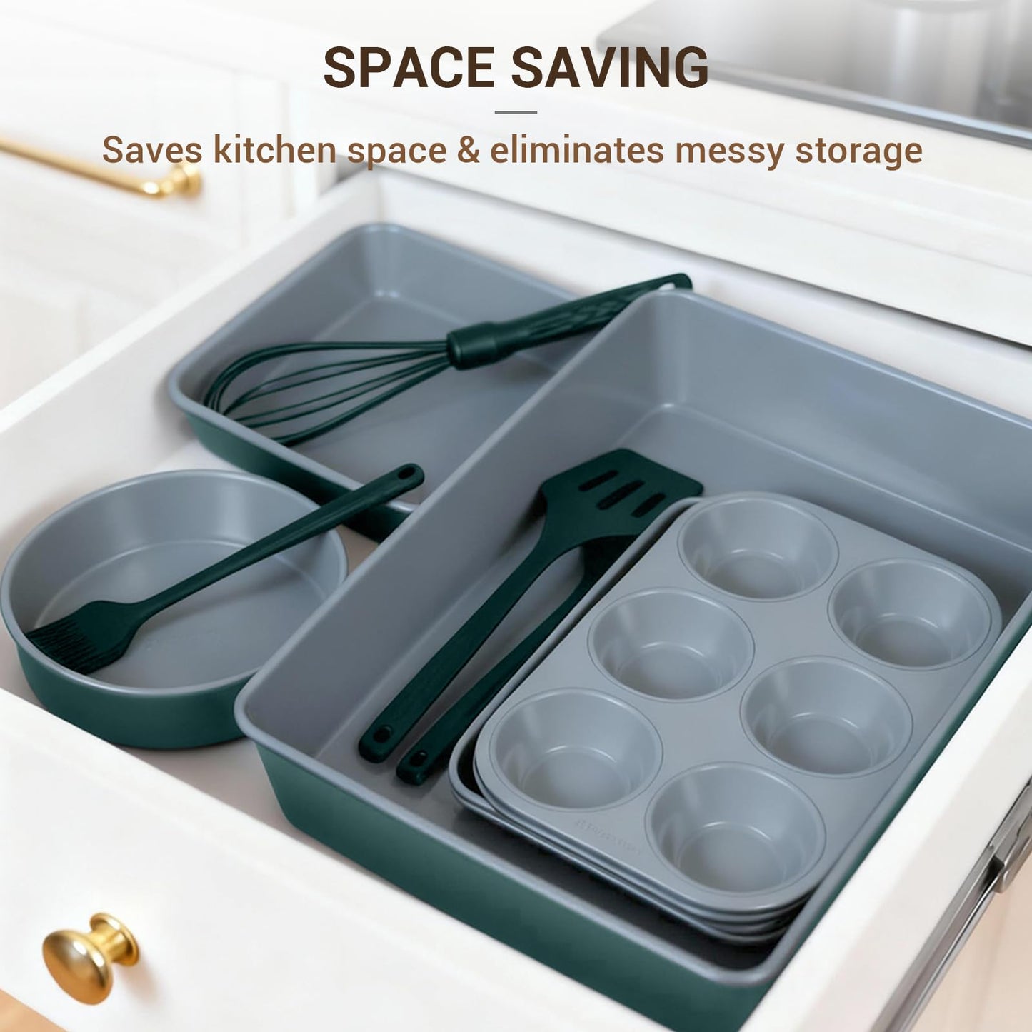 Ammeloo 22-Piece Baking Pans Set Stackable Bakeware Non Stick Baking Set Non Toxic Oven Pans, Including Roasting Pan, Cookie Sheets, Muffin Pans, Cake Pans, Oven Mitt and Utensils(Gray & Hunter Green)