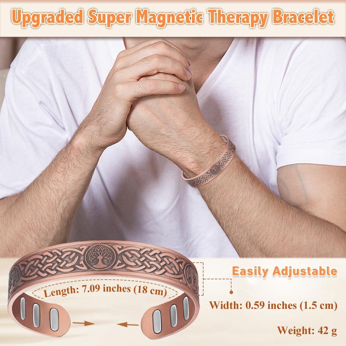 Cigmag Copper Magnetic Bracelet for Men, with Powerful 9X 5000 Gauss Magnets, Adjustable Solid Pure Copper (Lotus Life Tree)