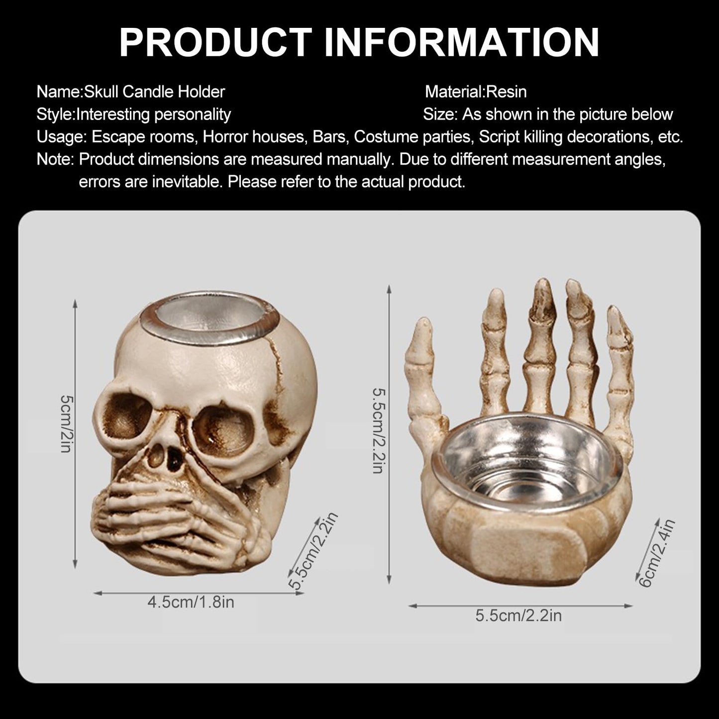 Whaline 4Pcs Halloween Candle Holder Gothic Skeleton Palm Skull Decor Mini Candlestick Holder Resin Tealight Holder for Home Tabletop Spooky Theme Party Decor Supplies