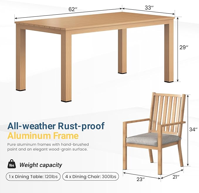 Wisteria Lane Aluminum 6 Pieces Patio Dining Sets, Outdoor Dining Table with 4 Chairs and Bench, Outdoor Patio Dining Furniture Set with Removable Cushion for Lawn, Garden, Backyard, Brown