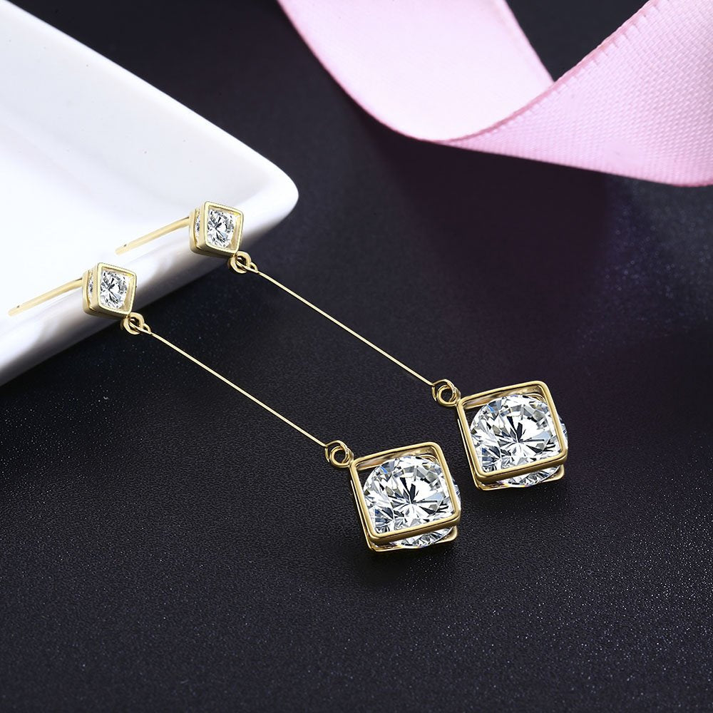 SBLING Cubic Zirconia Wedding Earrings for Brides Bridesmaids, Bridal Dangle Earrings, Cube Crystal Drop Earrings for Women Jewelry Gifts