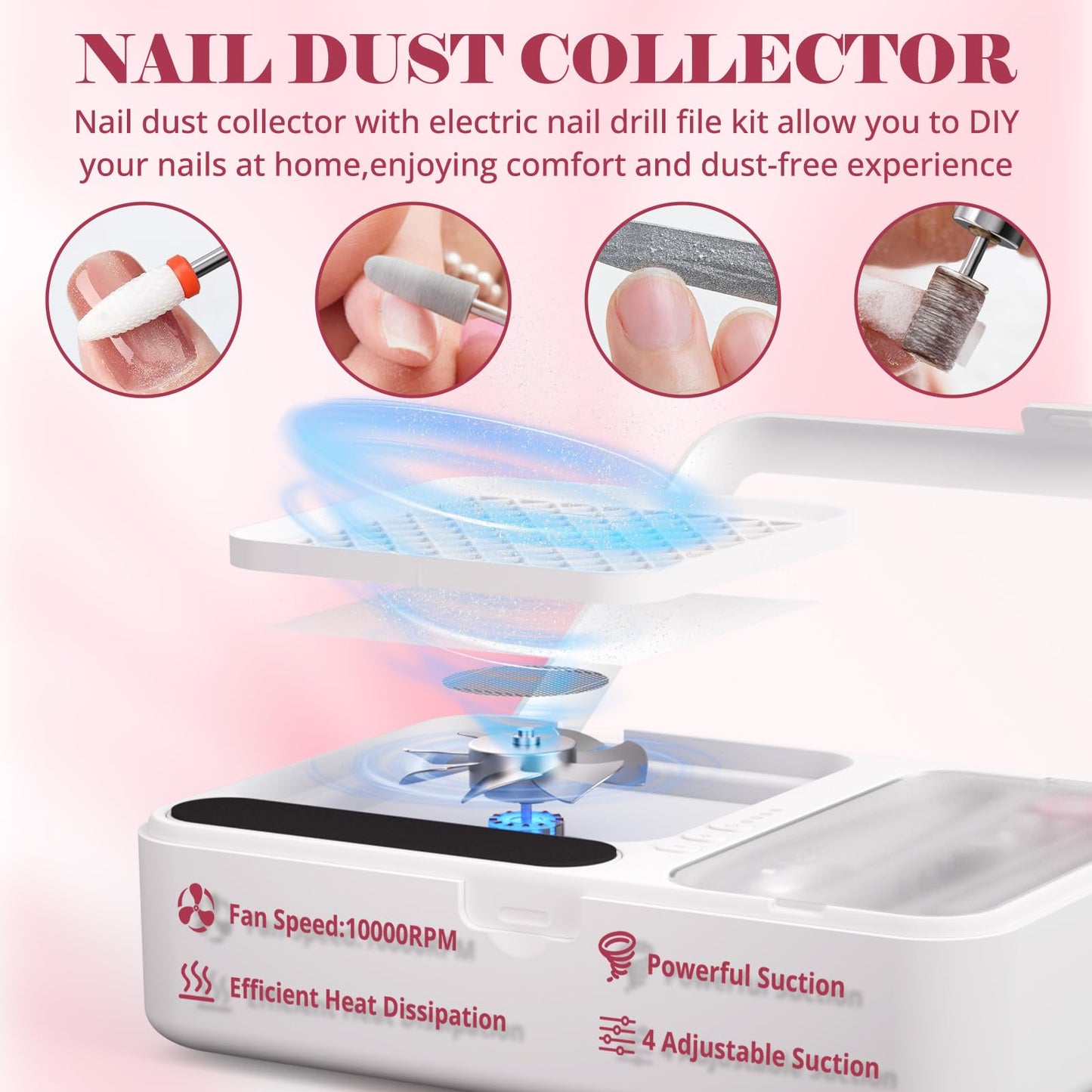 Nail Dust Collector and Cordless Electric Nail Drill File Kit, Professional Portable Manicure Pedicure, 13 Bits, HPro Powerful Dust Suction Machine for Home Salon - White