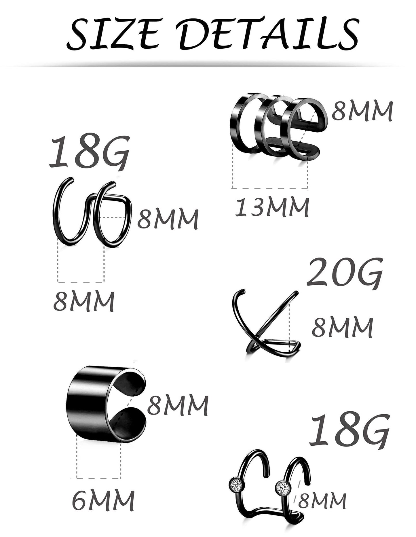Tornito 4-10 Pairs Stainless Steel Ear Cuff Helix Cartilage Clip On Wrap Earrings Fake Nose Ring Non-Piercing Adjustable (F1:10 Pairs, Silver&Black Tone)