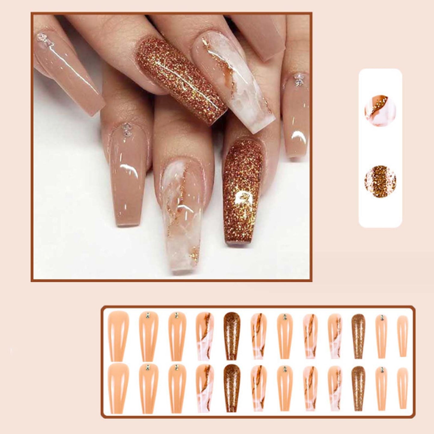 DANMANR Long Press on Nails Marble False Nails Art Full Cover Acrylic Coffin Orange Fake Nails for Women and Girls 24PCS