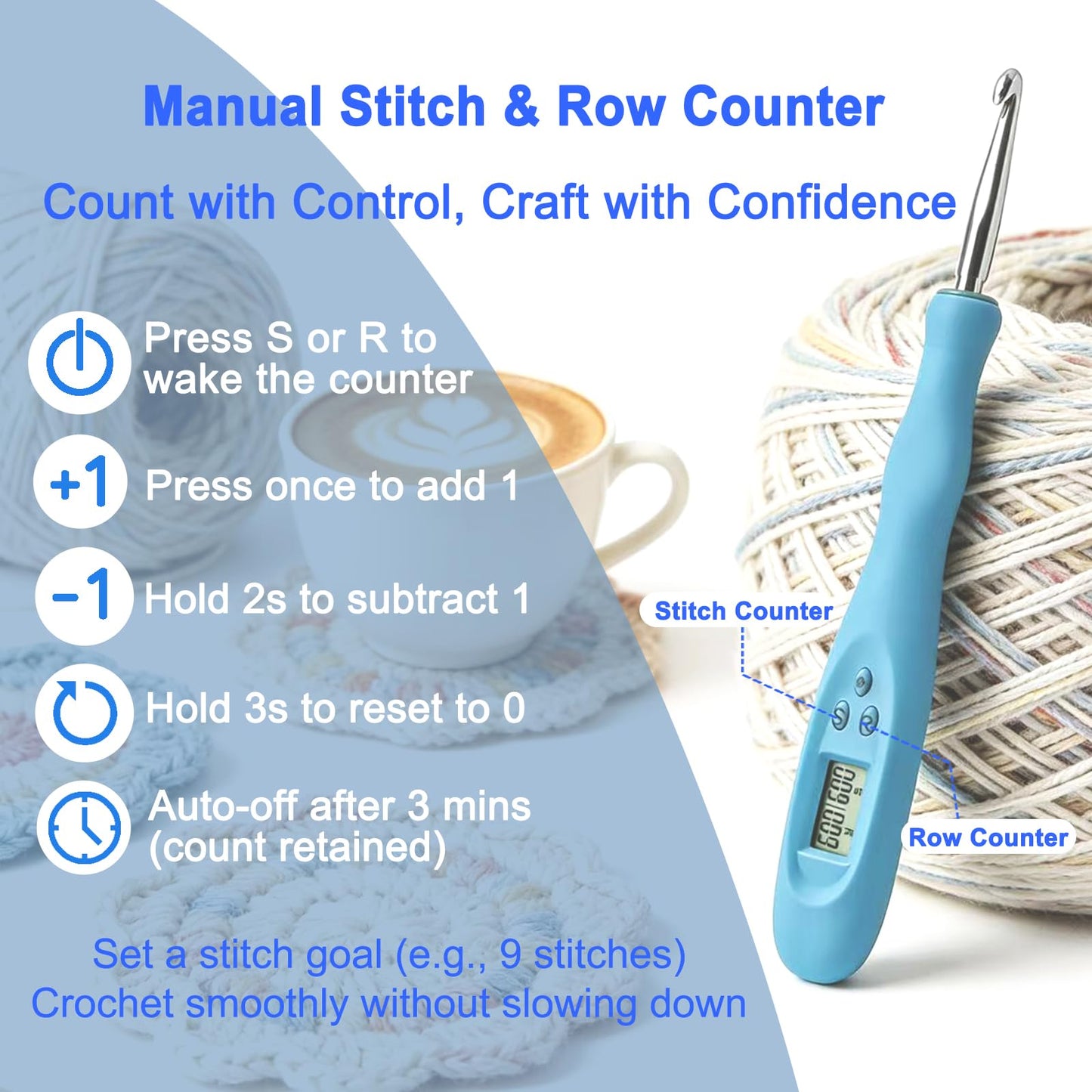 Light Up Crochet Hooks Set with Digital Stitch/Row Counter,18 Interchangeable Hooks (2.0–14.0 mm), Ergonomic Comfort Grip,Dual Light Modes with a Storage Case – A Perfect Gift for Crocheters