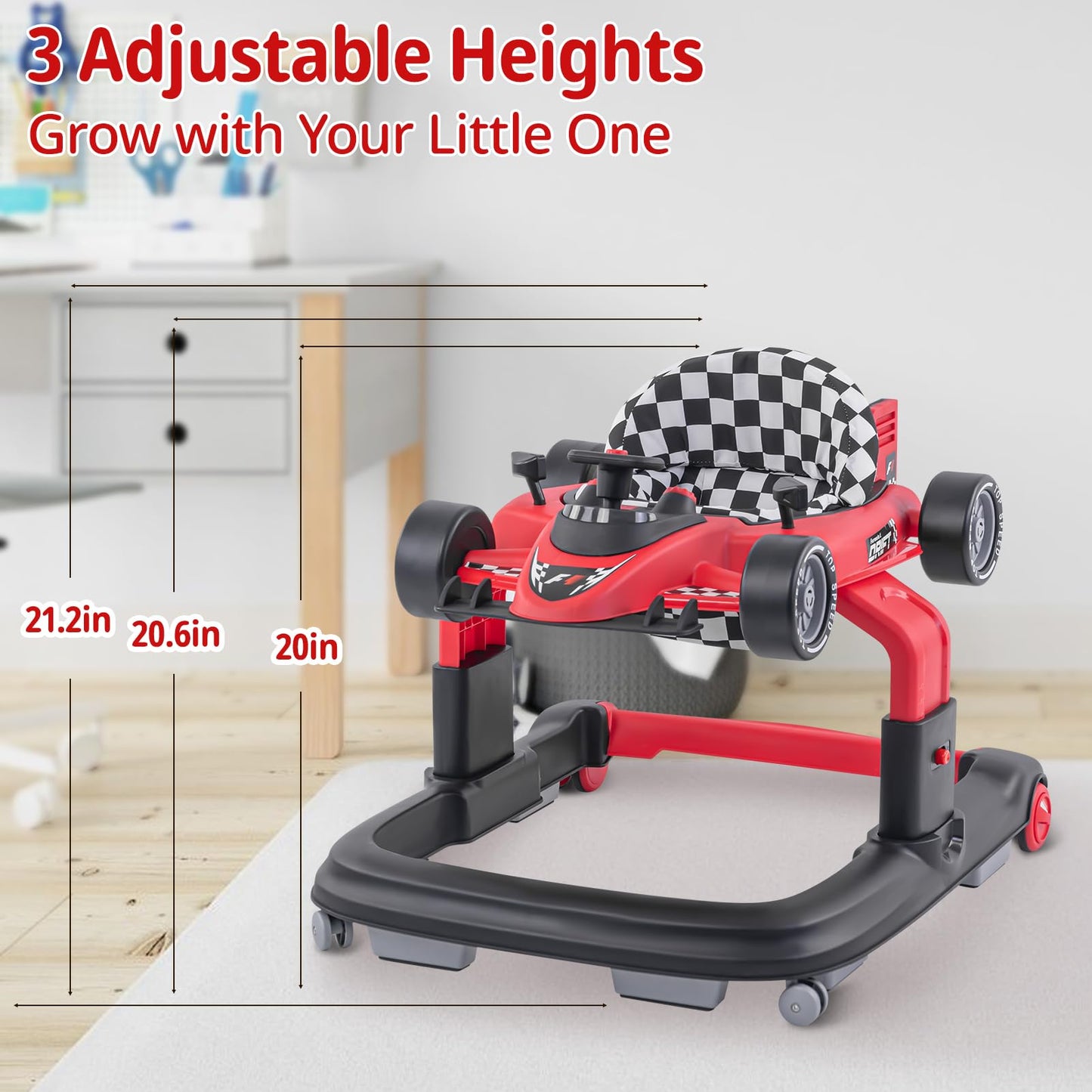 Baby Walker with Wheels | 3 Adjustable Heights, Reinforced Frame, 4 Modes (Push Walker & Jumper), Speed & Height Adjustments, Music, Lights, Anti-Rollover Design, for 6-18 Month Olds