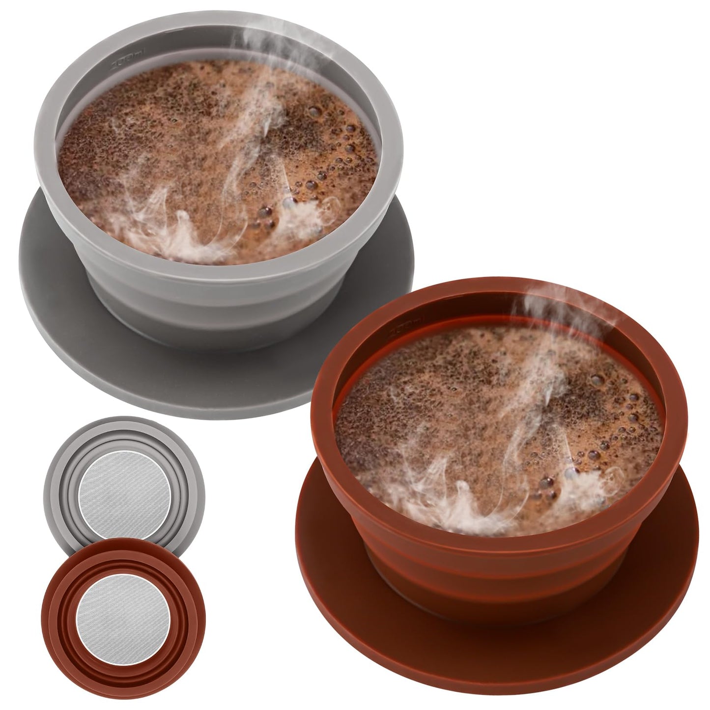 VVGCS Set of 2 Paperless Collapsible Travel Pour Over Coffee Dripper Kit - Silicone Travel Pour Over Coffee Maker Camping - Collapsible Coffee Filter with Stainless Steel Filter (Brown+Grey)