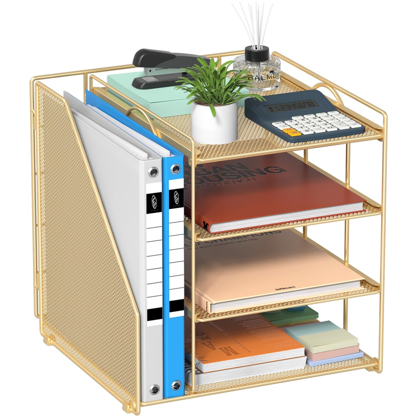 Becomrock Gold Desk Organizer, 4-Tier Metal Paper Organizer for Desk with Vertical File Holder, Office Accessories and Desktop Storage for Office Supplies (Gold)