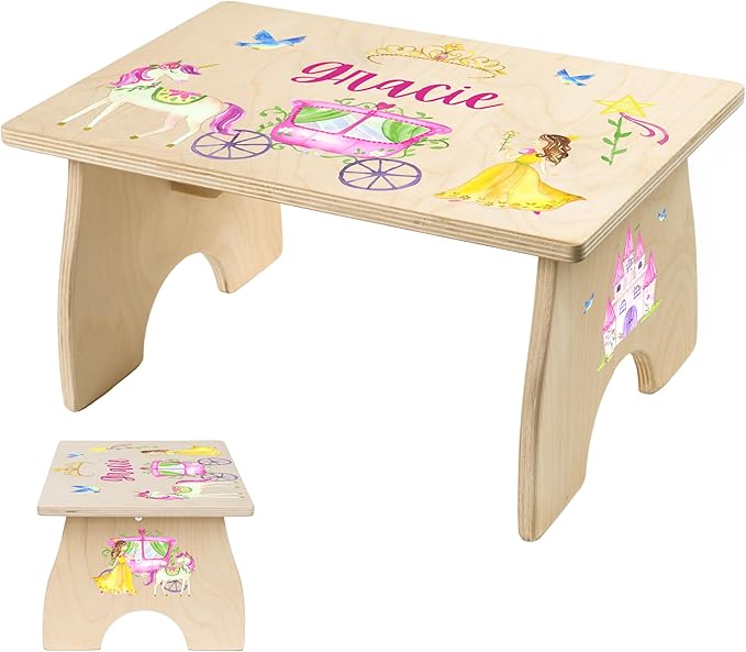 Princess Step Stool for Toddlers- Personalized Wood Kids Step Stool with Name for Kitchen Sink, Bathroom, Potty Training, Toilet, Kitchen Sink- Sturdy and Safe- Made in USA by BloomOwl (Princess)