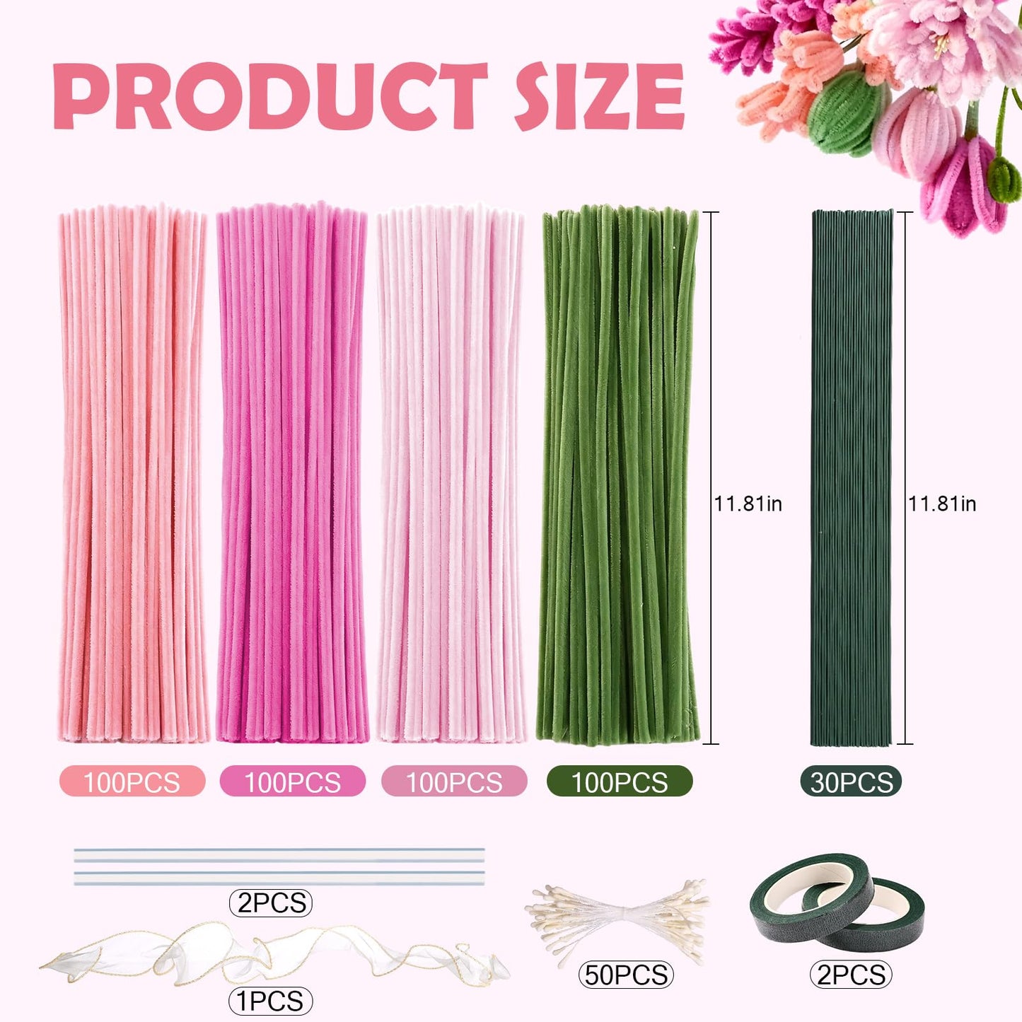 Yinsun 400 Pcs Pipe Cleaners Craft Set, 4 Colors Pipe Cleaners Flowers Kit, Chenille Stems Bulk for DIY Handmade Bouquet, Creative Gift with Stems, Tapes, Stamens, Glue Sticks, Ribbons