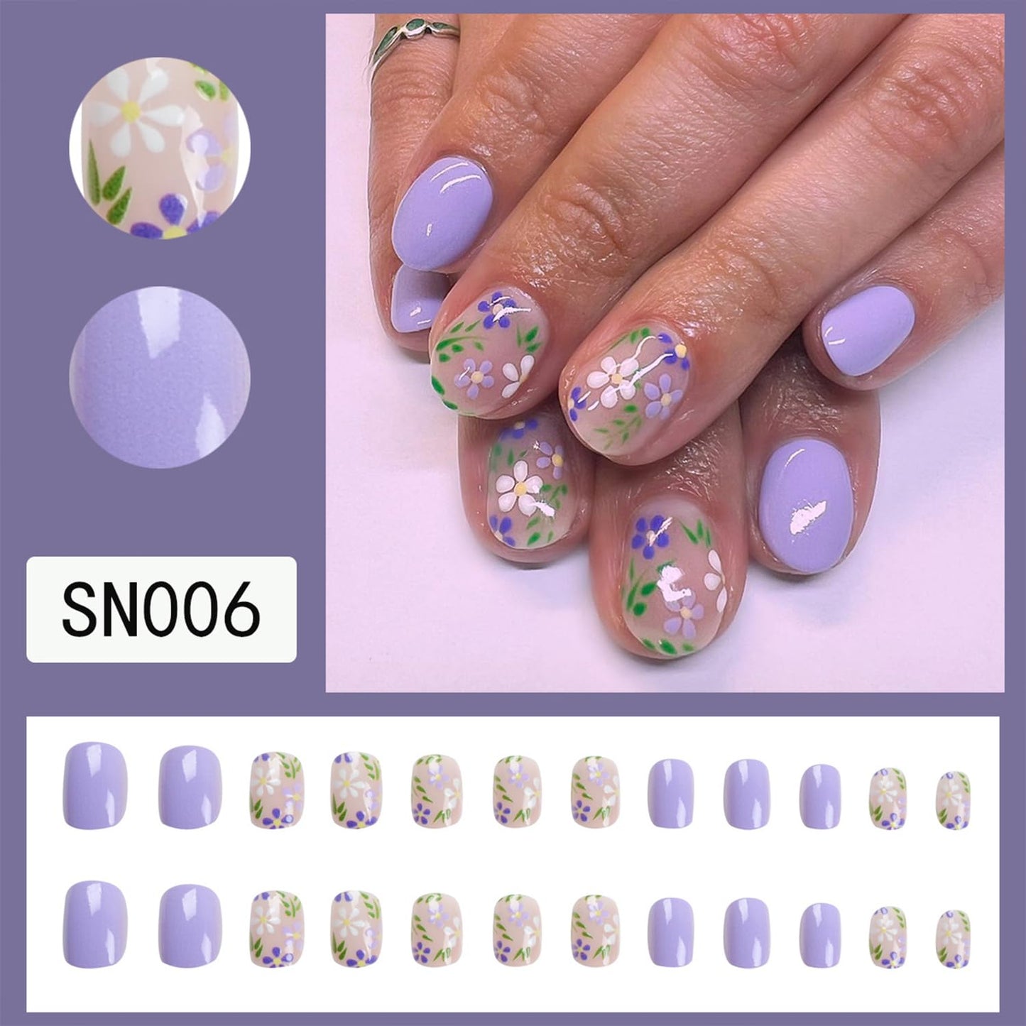 Purple Press on Nails Short Oval Fake Nails Glossy False Nails With Purple White Flowers Designs Full Cover Stick on Nails Reusable Floral Artificial Nails Glue on Nails for Women 24Pcs