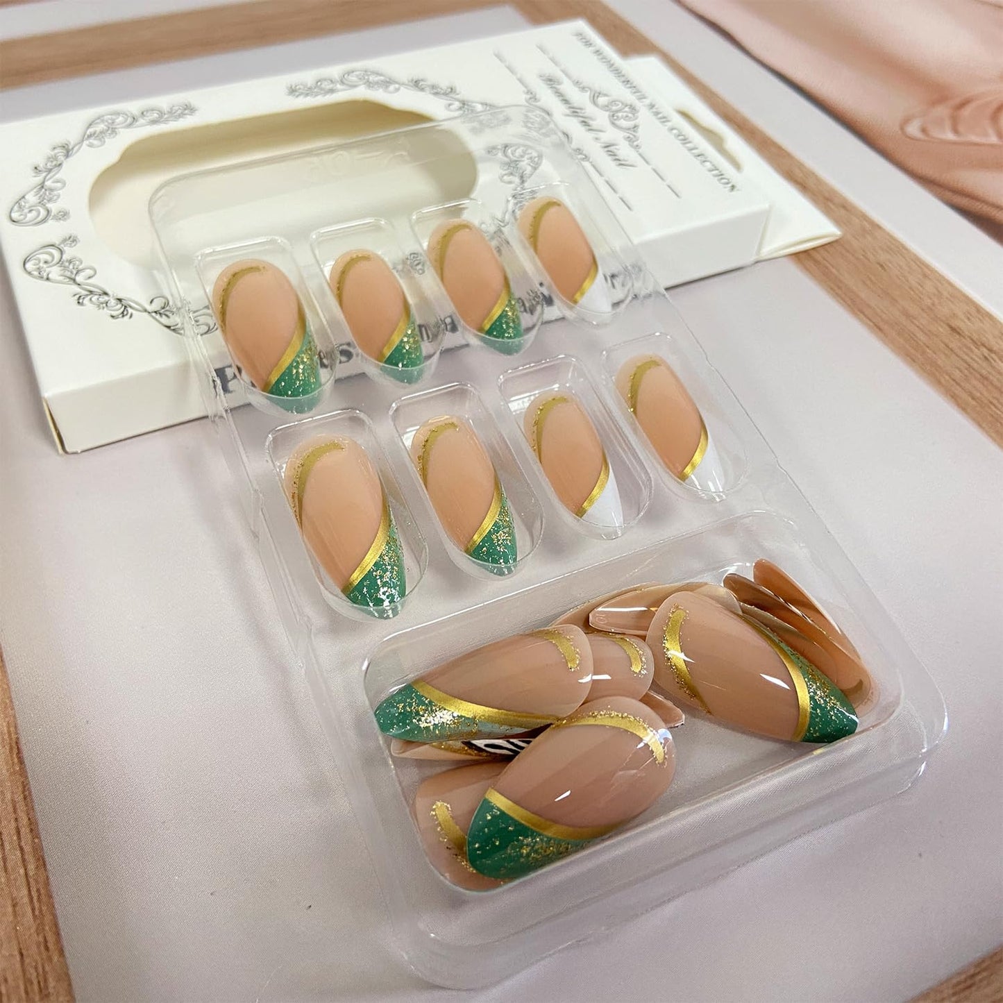 French Tip Press on Nails Medium Almond Fake Nails Nude Full Cover False Nails With Gold Line Glitter Designs Nail Tip Green White Zebra Print Stick on Nails Acrylic Artificial Nails for Women 24Pcs