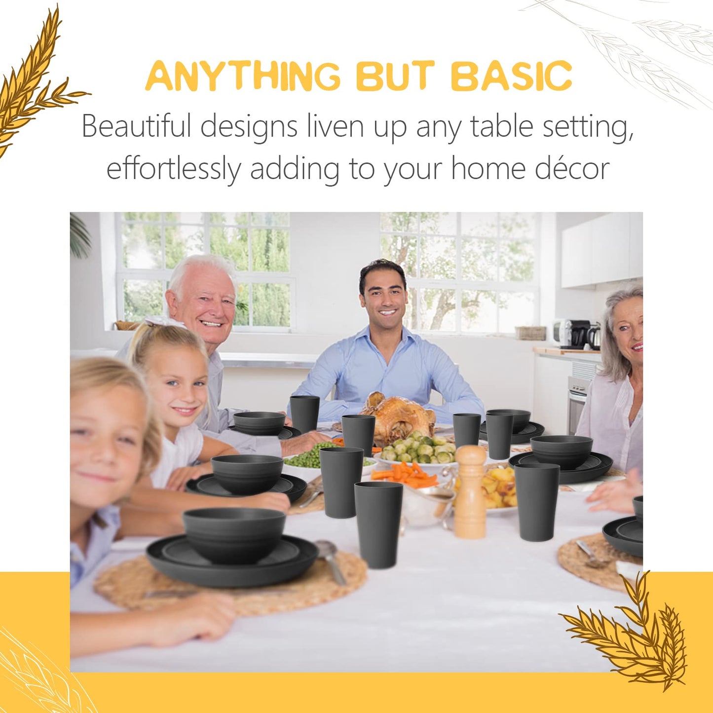 Teivio 32-Piece Kitchen Plastic Wheat Straw Dinnerware Set, Service for 8, Unbreakable Modern Dish Set - Dinner Plate/Dessert Plate/Cereal Bowl/Cup, for Apartment Essentials, Outdoor Camping, Black