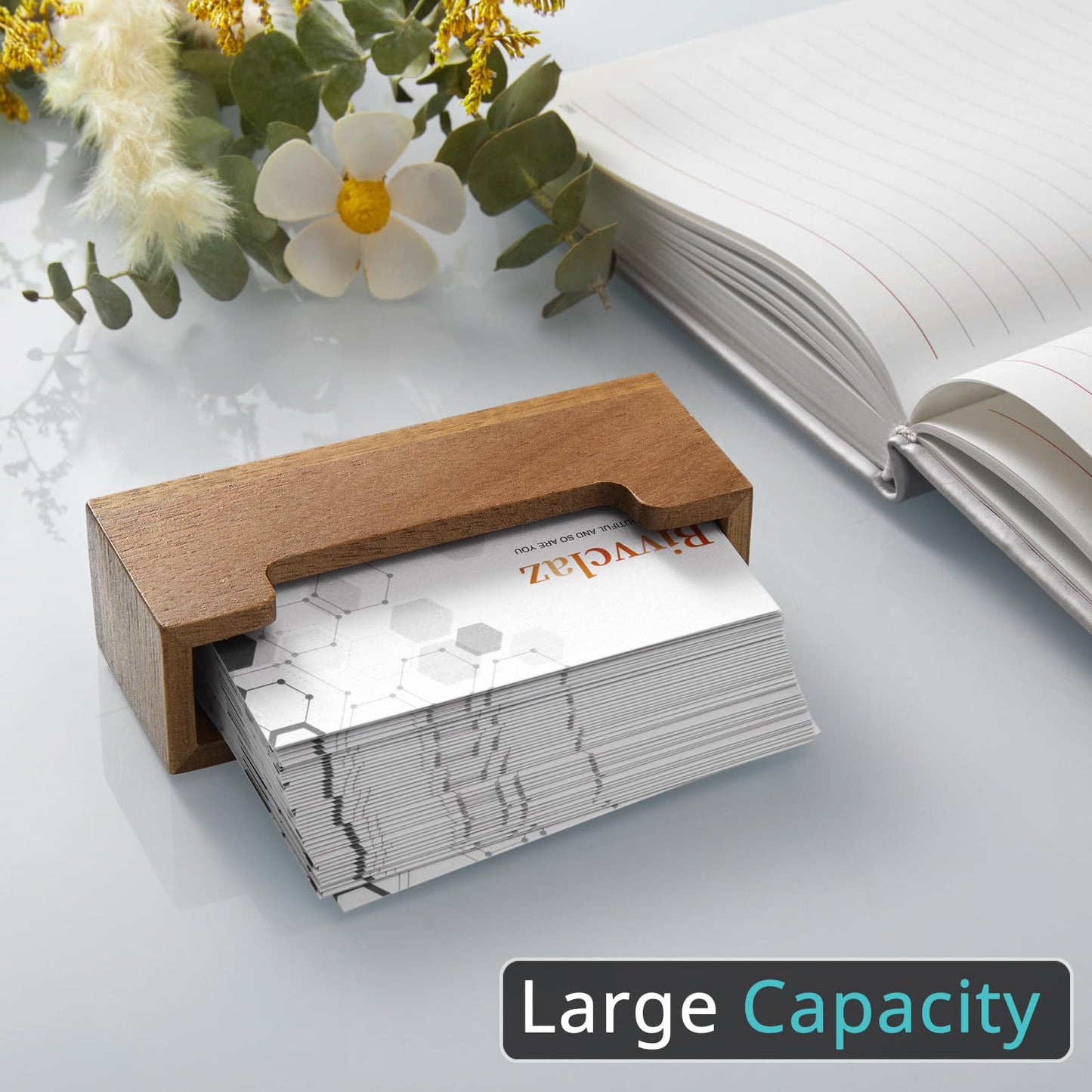 Bivvclaz 2 Pack Business Card Holder Desk, Acacia Wood Business Card Organizer Desktop Business Card Display Stand for Office Tabletop Exhibition, Small Business Essentials