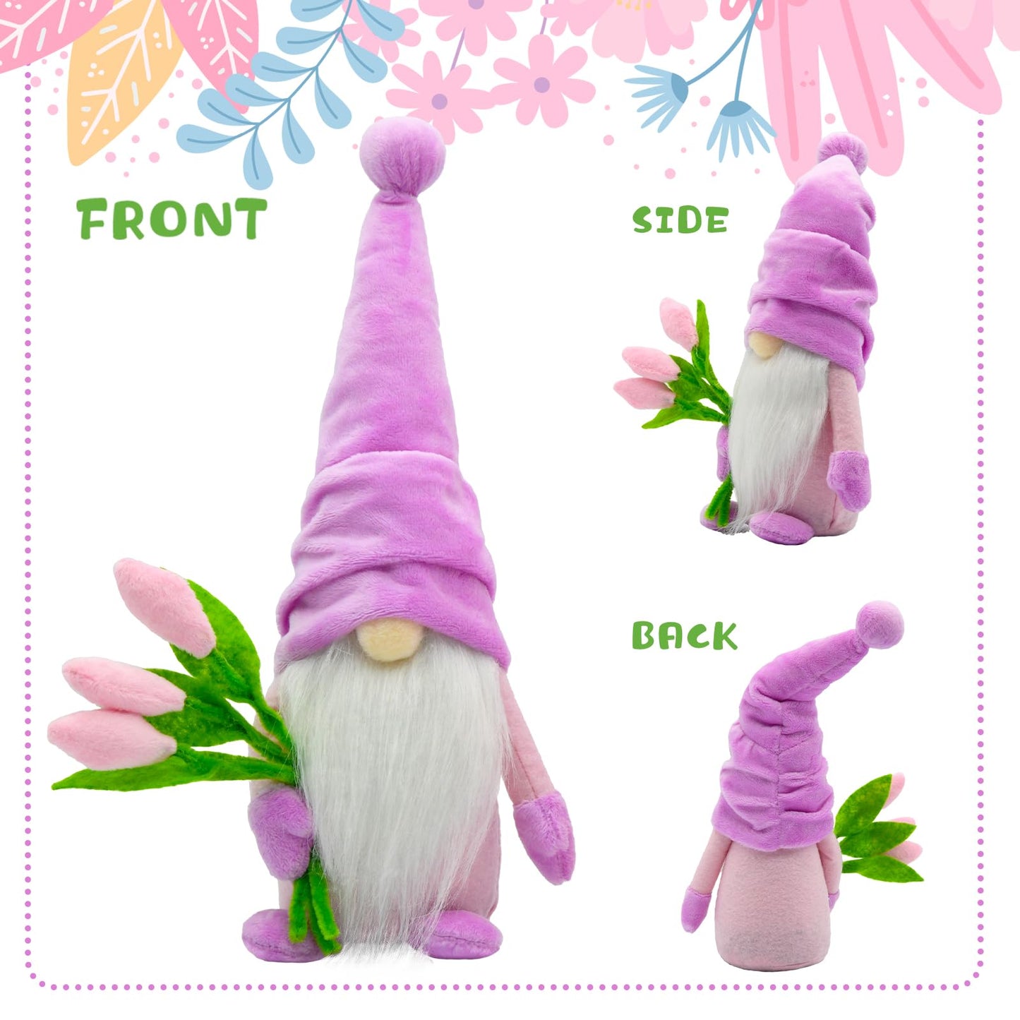 KnomeKo Tulip Gnome Spring Decor, 2Pcs Spring Home Decorations for Farmhouse Table Tiered Tray Decor, Gift Gnomes for Women, Mother