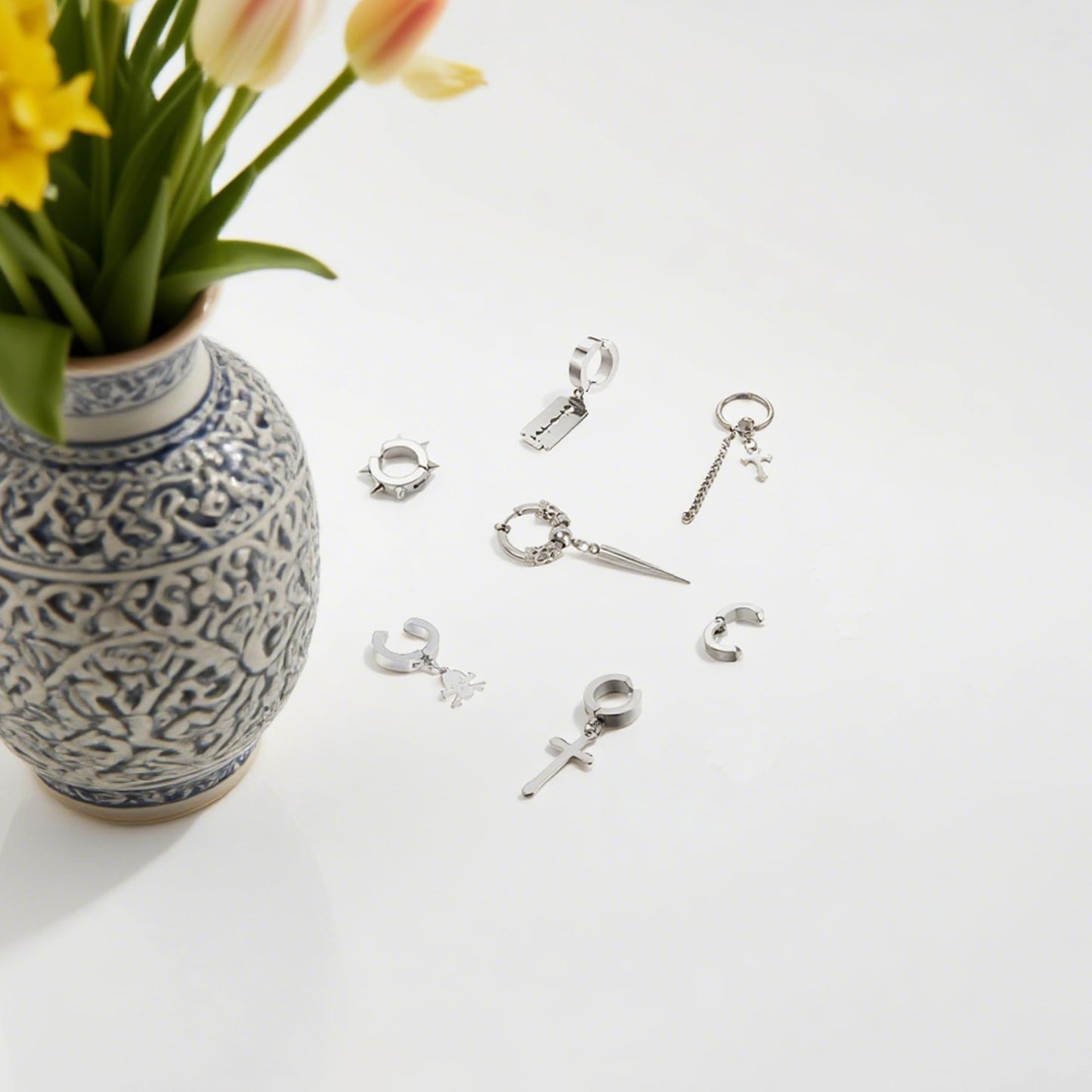 14 Pcs Silver Punk Stainless Steel Fake Piercing Cross Dagger Sword Spike Rivet Triangle Dangle Tassel Clip on Hoop Earrings Set for Women Men, Non Pierced Fake CZ Stud Earrings