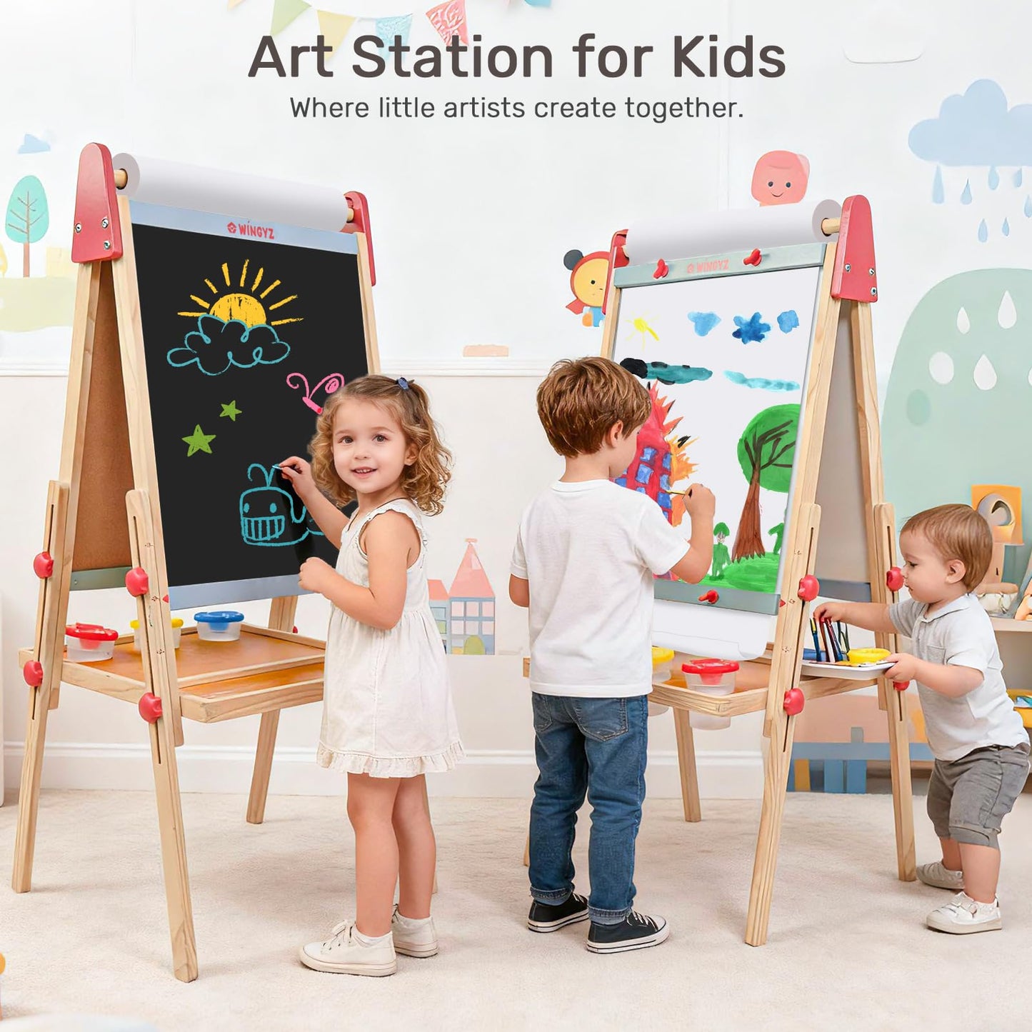 WINGYZ 3-in-1 Art Easel for Kids – Sturdy Pine Wood Easel with Magnetic Whiteboard, Chalkboard & 400" Paper Roll, Foldable Adjustable Heights for Ages 2-12, Complete Tool-Free Art Station