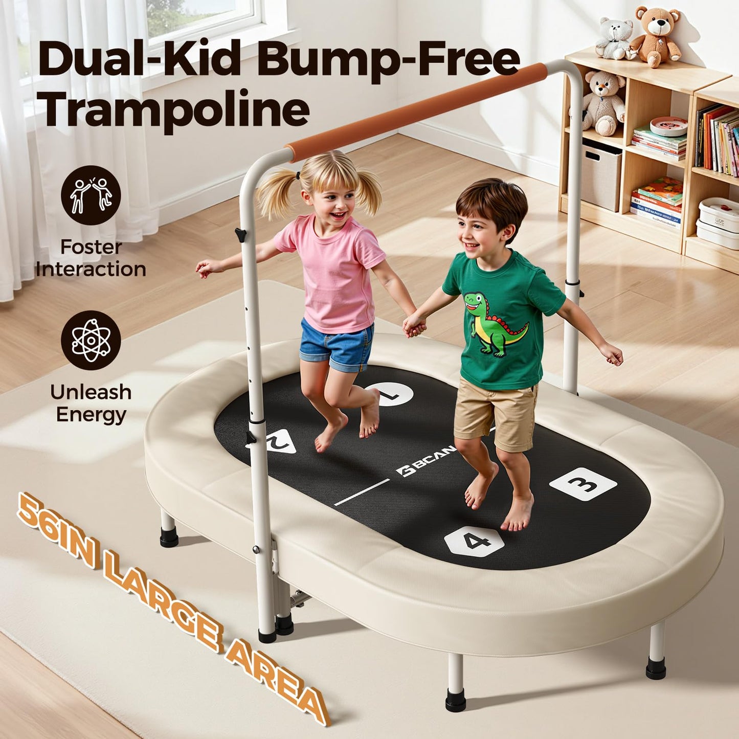 BCAN 56IN 2-Person Kids Trampoline, Safe-Elastic Band Foldable Frame Trampoline for Kids 1-8, ASTM Certified-Toddler Tampoline with Adjustable Stable Handlebar&Thickened Cover,Max Load 220lbs