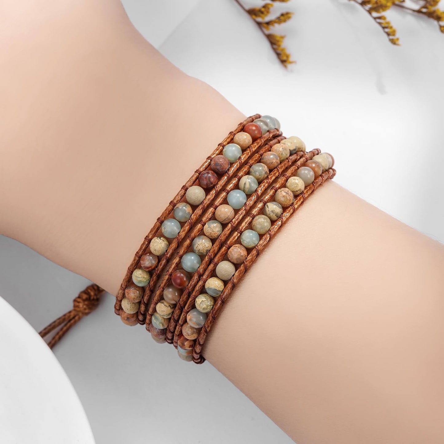 Plumiss Women Unique Natural Agalmatolite 4mm Bead Healing Stone 3 Wrap Bracelets Gift