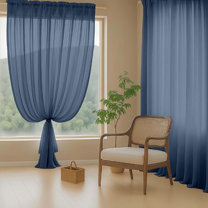 Navy Blue Sheer Curtains 84 Inches Long 2 Panels, Elegant Airy Transparent Light Filtering Window Curtains, Window Drapes for Living Room Bedroom, Top Dual Rod Pocket Design, 2x42Wx84L Inches
