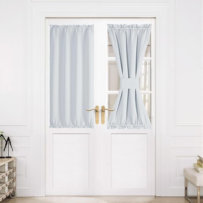NICETOWN Blackout Door Curtain – Thermal Insulated Blackout Window Cover for French & Front Doors with Adjustable Tieback, Room Darkening Shade for Privacy, Greyish White, W30 x L50, 1 Panel